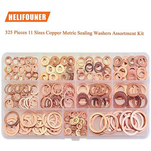 Miniatura 5 de HELIFOUNER 325 arandelas de cobre, 11 tamaños, arandelas de sellado métricas de cobre, kit surtido de arandelas planas (M5 M6 M8 M10 M12 M14 M16 M20)