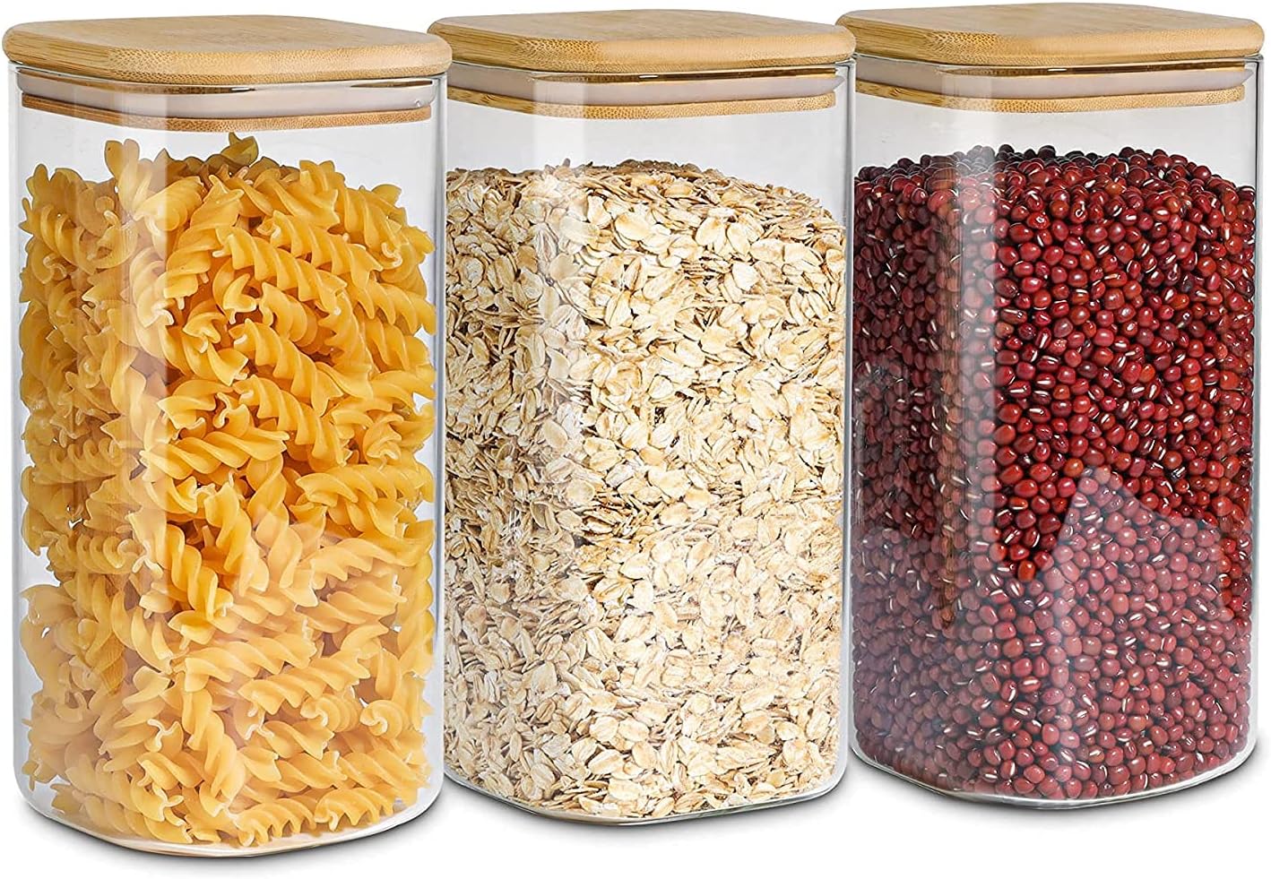 ComSaf 1.6 Qt Square Glass Jars with Bamboo Lids Set of 3, Space-Saving Glass Pantry Storage Containers, Airtight Clear Glass Storage Containers with Wide 3.9" Mouth for Coffee, Sugar, Short Pasta