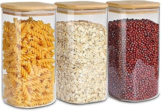 ComSaf Airtight Glass Storage Canister with Wood Lid (50oz), Clear Food Storage Container Jar with Sealing Bamboo Lid for Noodles Flour Cereal Rice Sugar Tea Coffee Beans, Set of 3