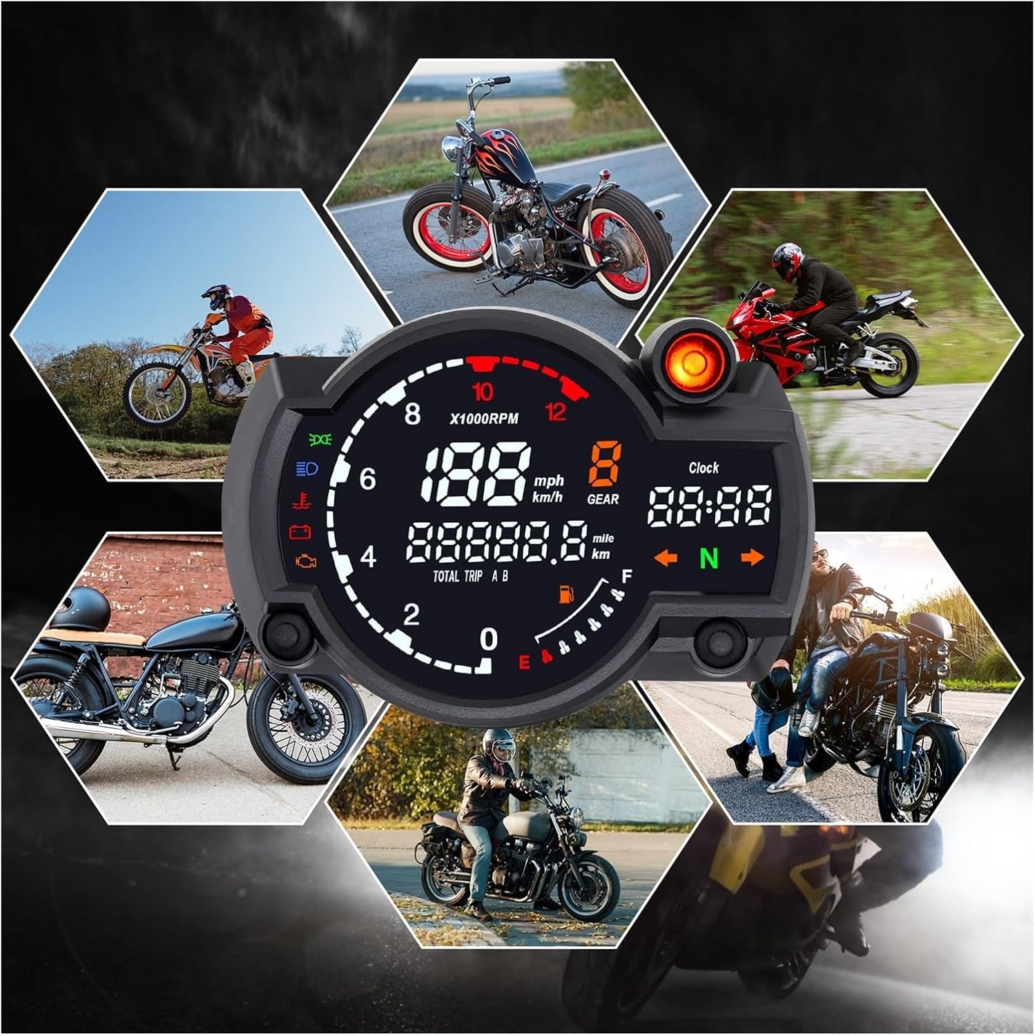 Motorcycle Speedometer Gauge Universal Digital Tachometer Motorcycle Dashboard Odometer Meter Instrument Adjustable MAX 199KM/H Motorcycle Hour Counter