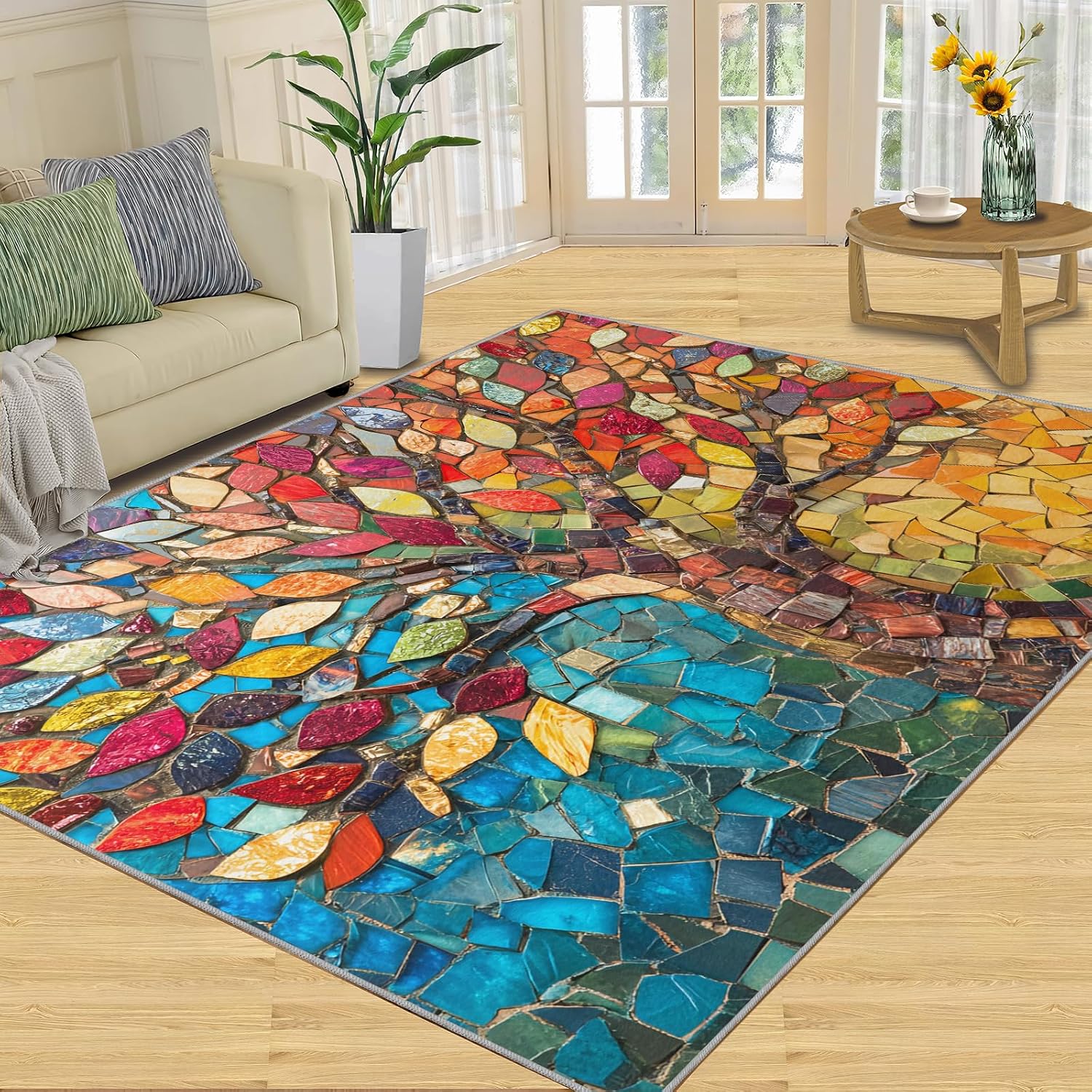 5x6 Mosaic Tree of Life Area Rug - Tile Tree Area Rugs for Kitchen, Geometric Art Deco Bedroom Area Rug Kids Low Pile Rug for Indoor Outdoor Hardwood Floors Home Decor