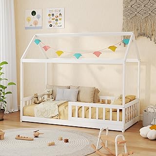 HOMCOM House-Shaped Kids Bed Frame, Solid Pine Wood Single Bed Frame with Safety Fence for Kids Boys and Girls, White