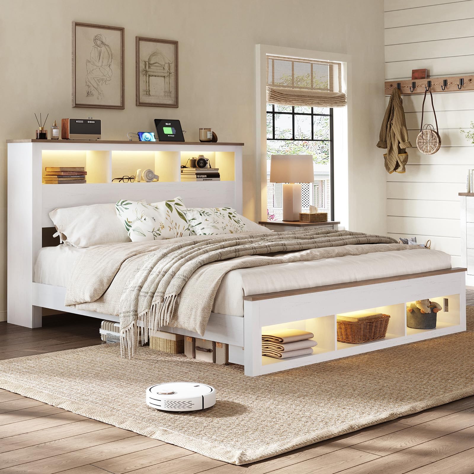 Albott Farmhouse Queen Size Bed Frame with Storage Bookcase Headboard and Footboard, Storage Wood Platform Bed Frame with Wood Slats Support, Noiseless LED Bed Frame, No Box Spring Needed, White