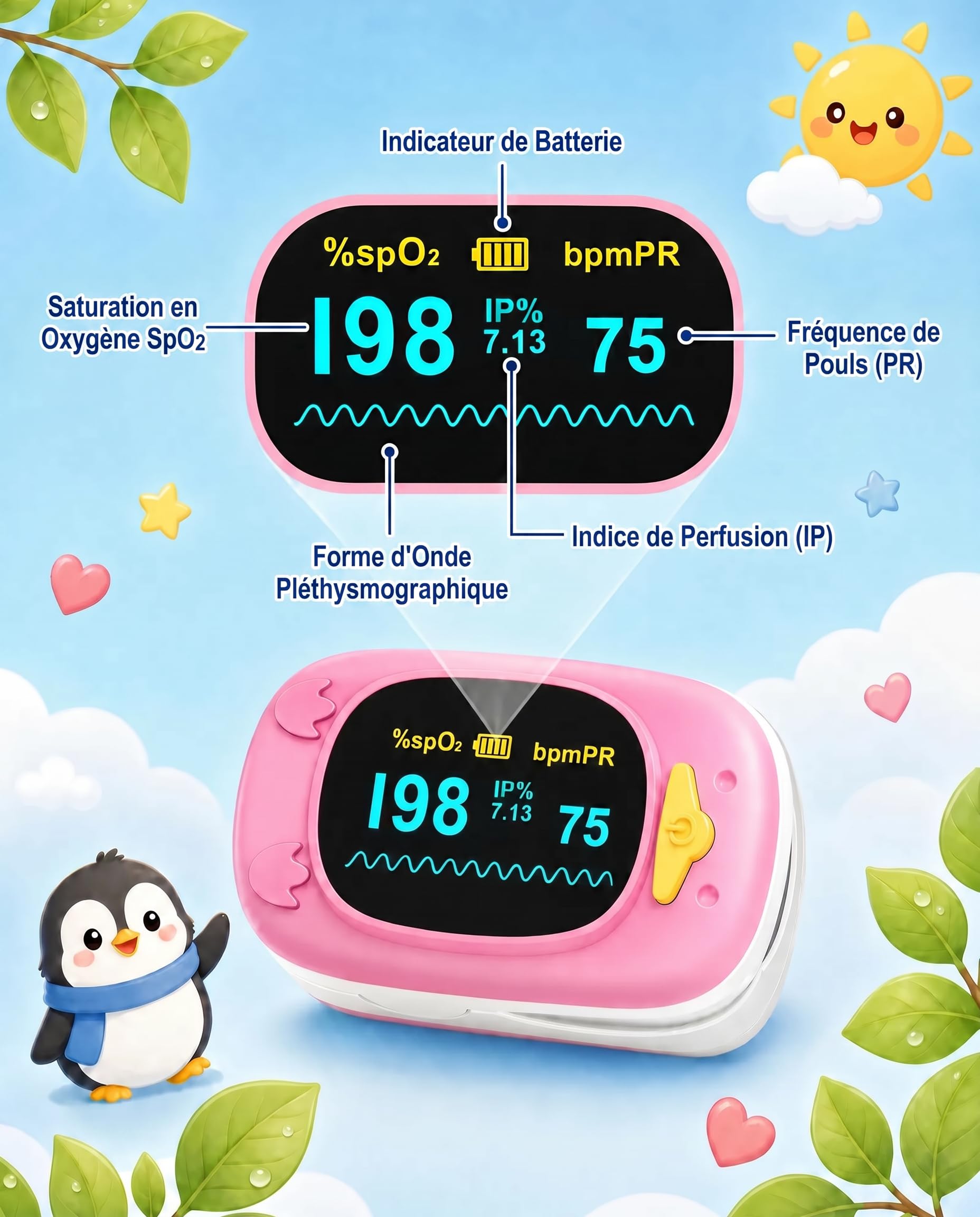 HealthTree 50A Oxymètre de Pouls Enfants, Saturomètre Pédiatrique Digital | Écran OLED Mesure 8-10s Saturation Oxygène(SpO2), Fréquence Cardiaque et PI, pour Maison Voyage (Batterie et Cordon Inclus)