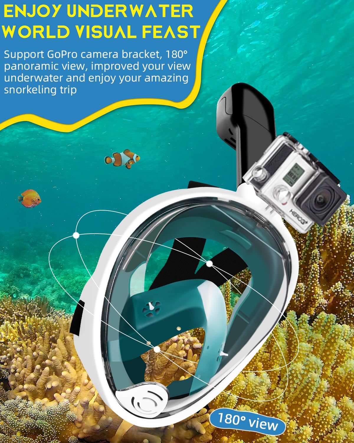 Schnorchelmaske Erwachsene Tauchermaske, 180° Sichtfeld Faltbare Professionelle Vollmaske Tauchmaske, Verstellbares Abnehmbarer Snorkel Mask Wasserdicht mit Kameraposition für Damen Herren