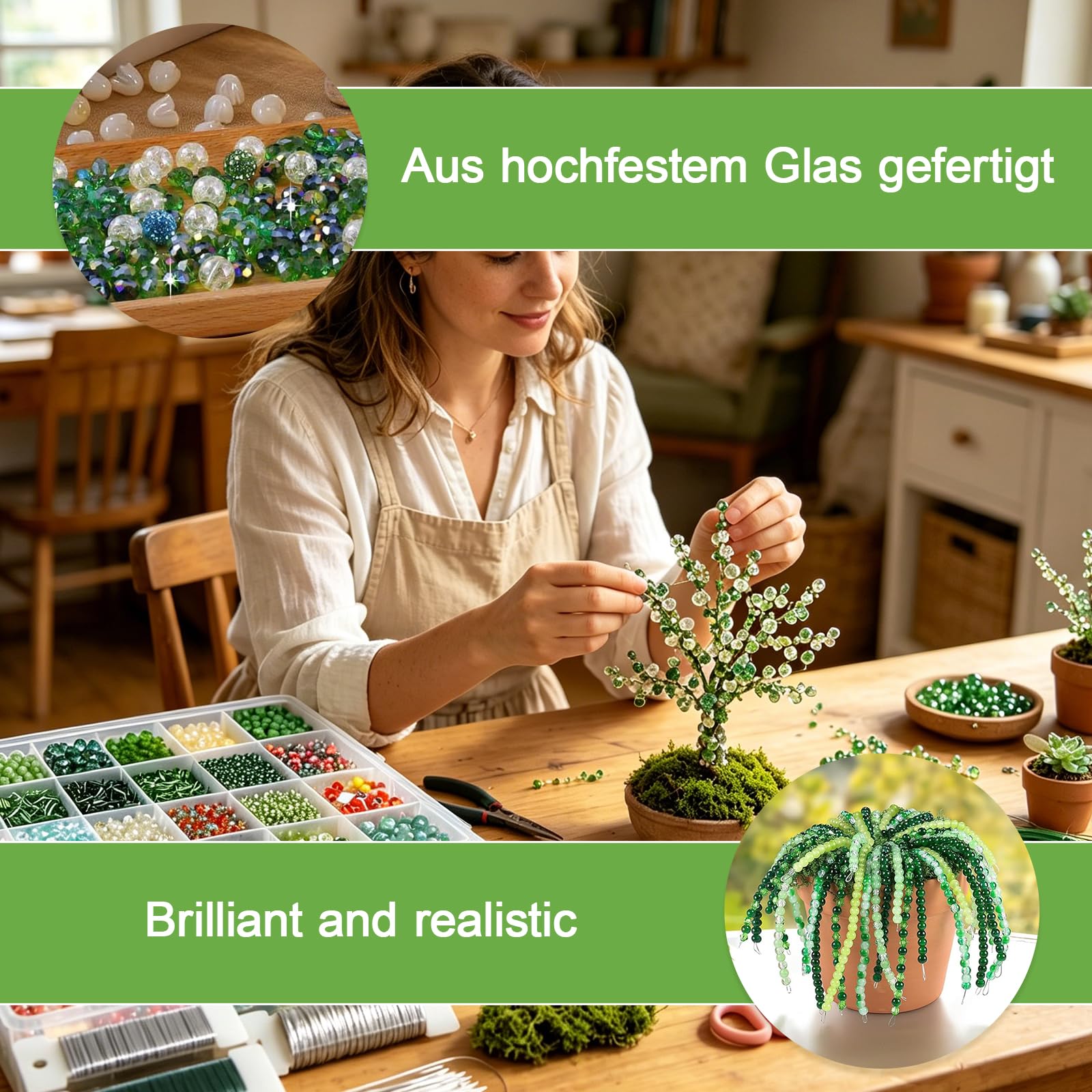 Set di 5540 perline di vetro verdi, set fai da te per piante grasse artificiali e decorazioni floreali, filo per fiori, muschio, tulipani e coccinelle, per la creazione di gioielli (bracciali, collane