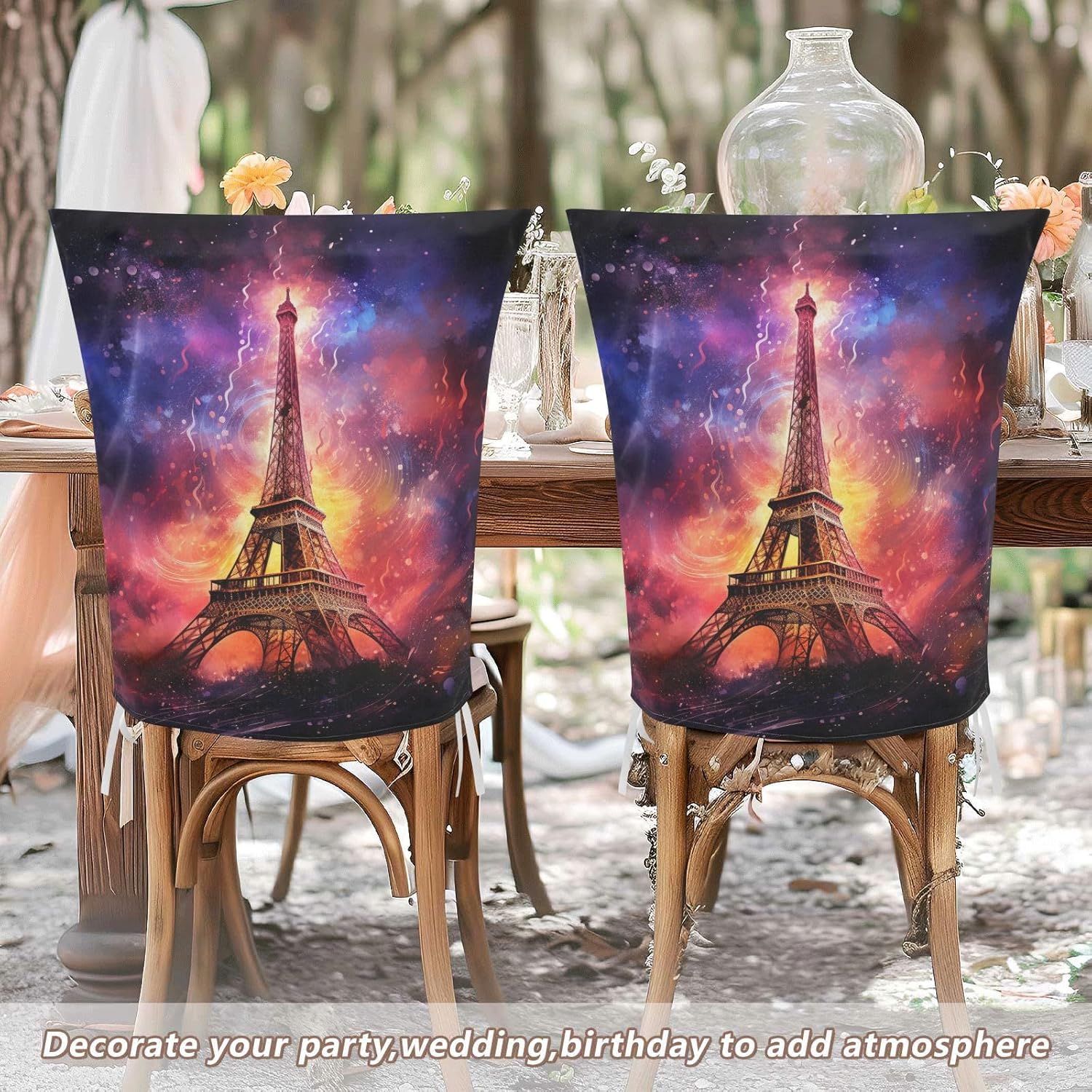 ALAZA Eiffel Tower Music Notes Chair Back Cover Set of 6, Washable Reusable Removable Chair Slipcovers Decorative Chair Cover for Home Kitchen Wedding Party