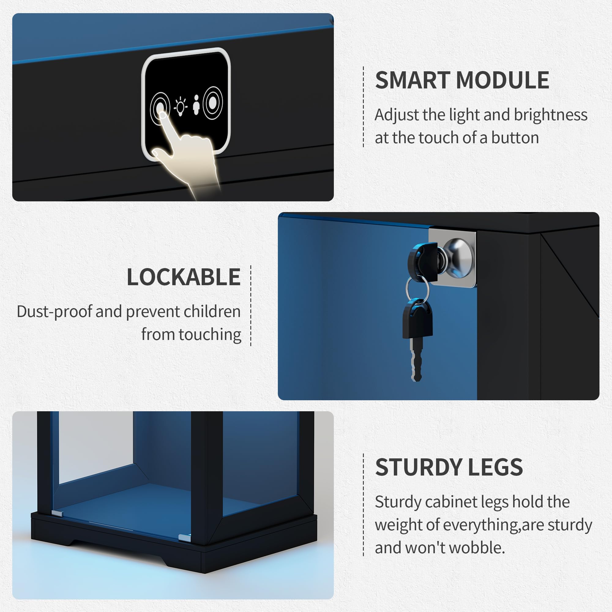 Lvifur Vitrina de cristal de 5 capas de 180 cm, con iluminación LED y puertas de cristal, color negro | Vitrina con sensor inteligente para coleccionables