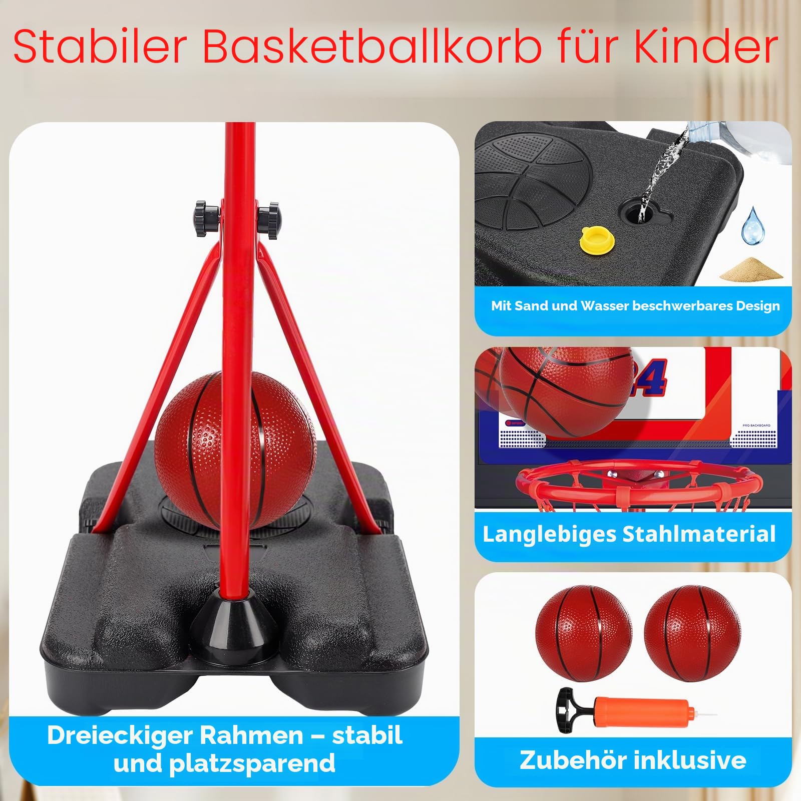 Basketballkorb Kinder Outdoor Indoor Höhenverstellbar 107cm-189cm, Basketball Korb Set Spielzeug mit Ball Pumpe, Sport Spielzeug Geschenk für Jungen Mädchen ab 3 4 5 6 7 8 Jahre