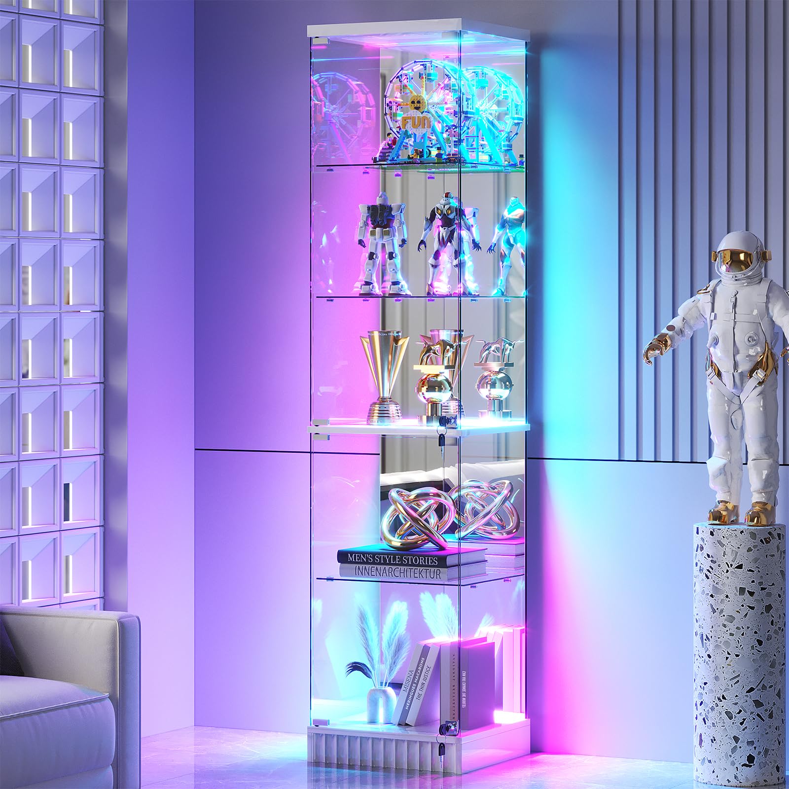 HNEBC 6-Tier Shelf with Glass Door, LED Display Case with RGB Lights& Motion Sensor, Lockable Curio Cabinet for Collectibles,Bookcase,China