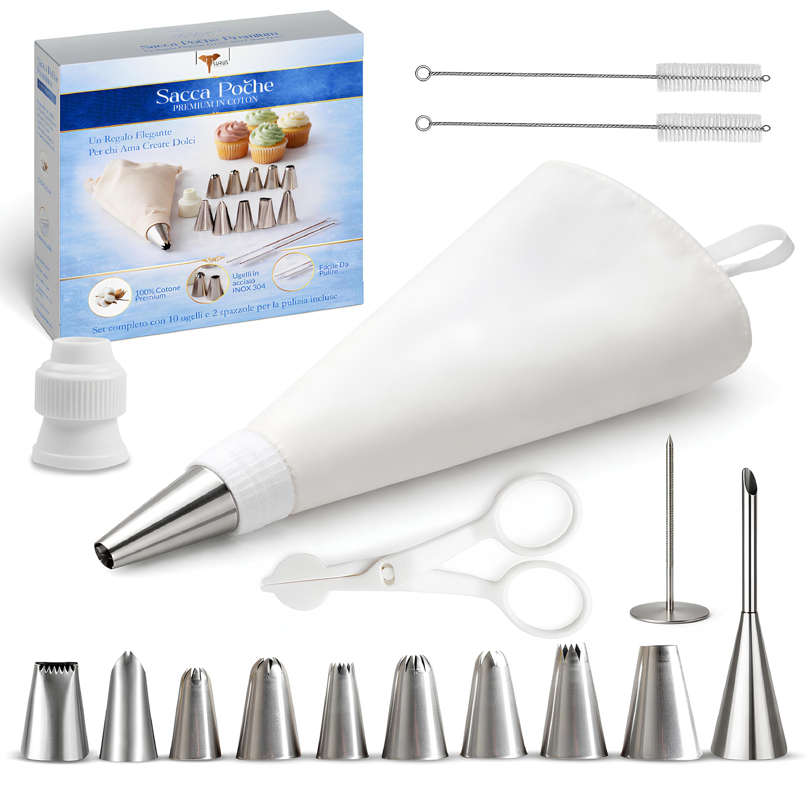 SURUS EQUIPMENT Sac à Poche Riutilizzabile Professionale in Cotone Extra Resistente Set con 10 Beccucci in Acciaio Inox 304 + 2 Spazzole Ideale per Torte e Cupcake
