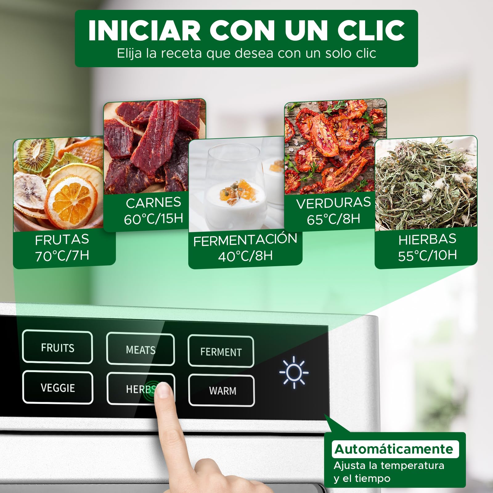 Kwasyo Deshidratador de Alimentos Acero Inoxidable 12 Bandejas, 6 Funciones Preestablecidas, Deshidratador de 800W, 6 Tapetes de Silicona, 2 Tarros, 2 Bandejas para Rollos de Frutas, Receta Incluida