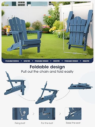 Miniatura 8 de KINGYES Silla Adirondack Plegable, Sillas de Patio HDPE para Todo Clima con Portavasos, Sillas con Textura de Madera para Fogata para Piscina, Patio