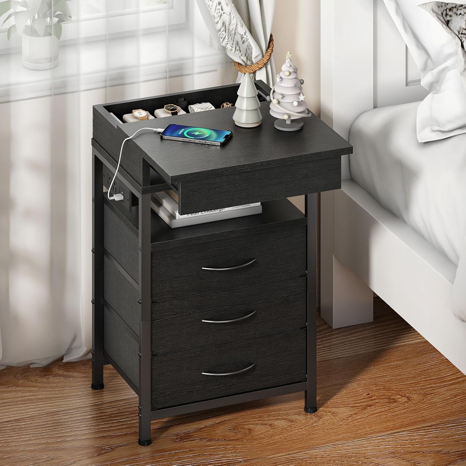 HOOBRO Nightstand with Charging Station, Bedside Table with Fabric Drawers, End Table with Lockable Hidden Compartment, 2 AC Outlets, 1 USB-A, 1 Type-C, for Bedroom, Black BB143UBZ01