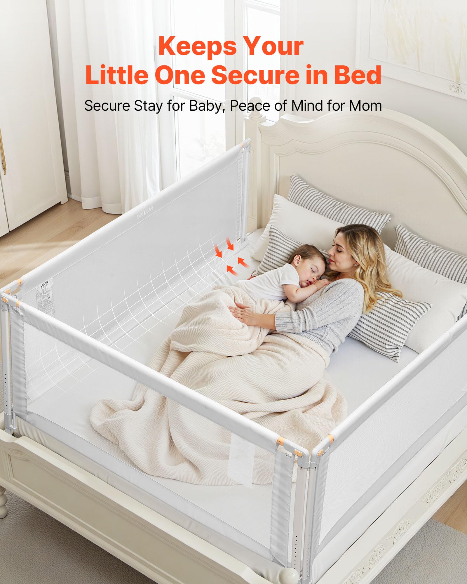 VEVOR Sponda 3 Lati per Letto per Bambini Lunghezza 2 m, Barriera per Lettino per Neonati con Tubo di Ferro Rinforzato, Tessuto Oxford, Altezza Regolabile 68-89 cm, per Materassi di Spessore 5-27 cm