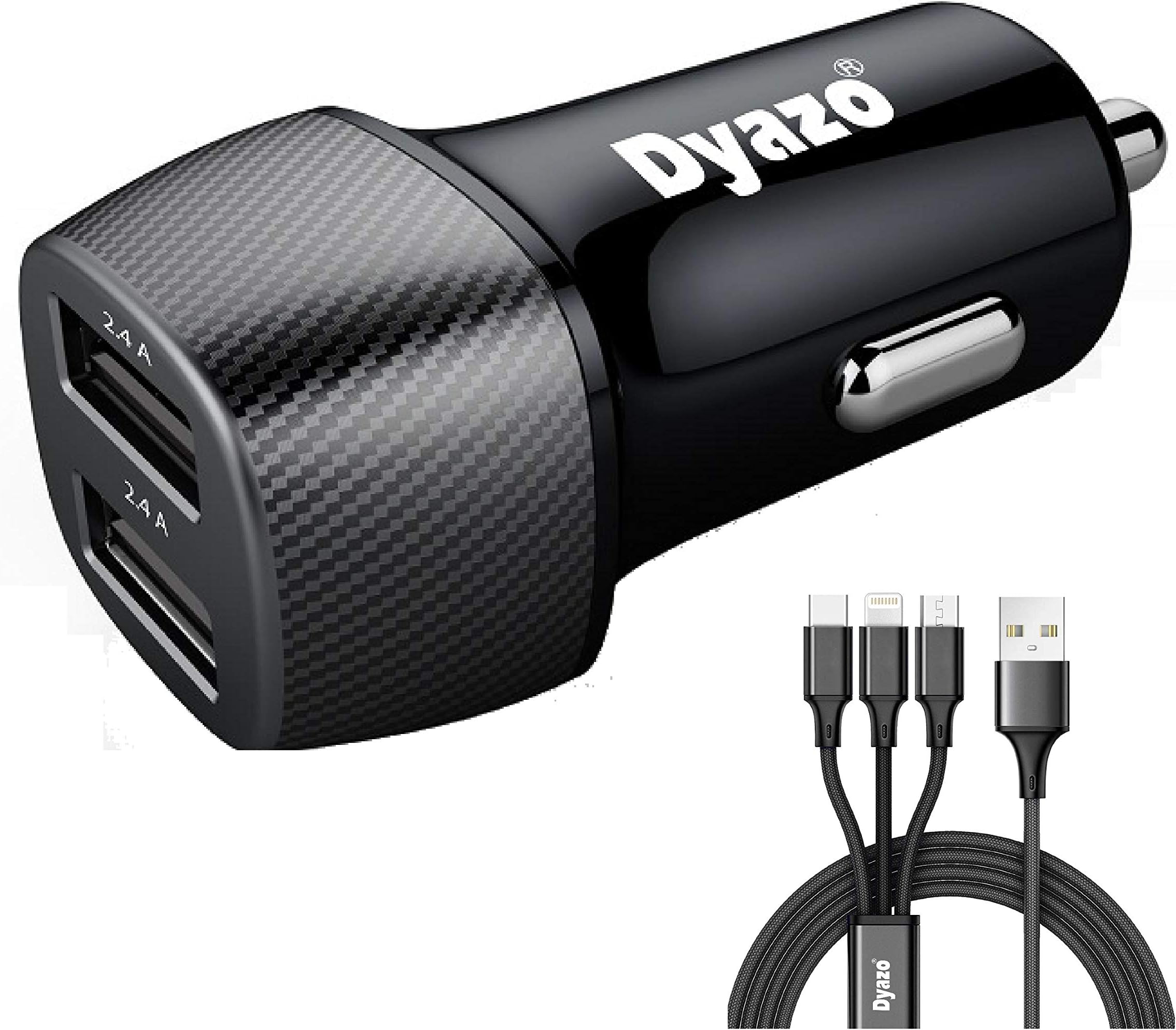 4.8 Amp (2.4 & 2.4 Amp) Dual Port Fast USB Car Charger Compatible W/iPhone Xr/Xs/Max/X/8/7/Plus,Ipad Pro/Air 2/Mini,Galaxy,Lg,HTC & All Other Cellular Phones W/Free 3In1 Cable-Carbon Black