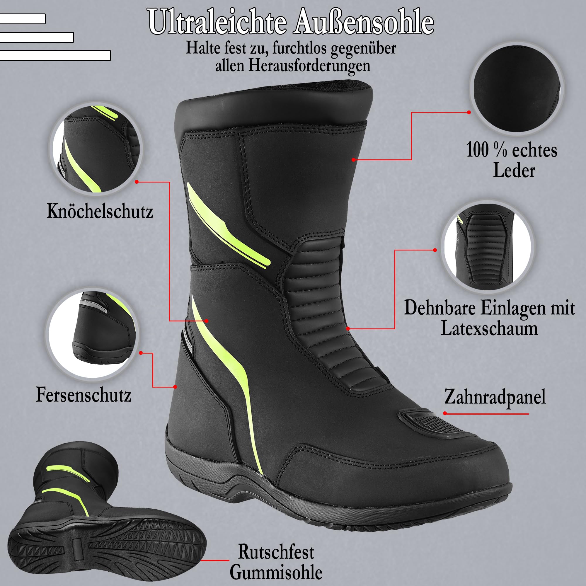 Motorradstiefel für Herren, wasserdicht, verstärkt und leicht, rutschfeste Gummisohle, Knöchel- und Fersenschutz, CE-reflektierende Details