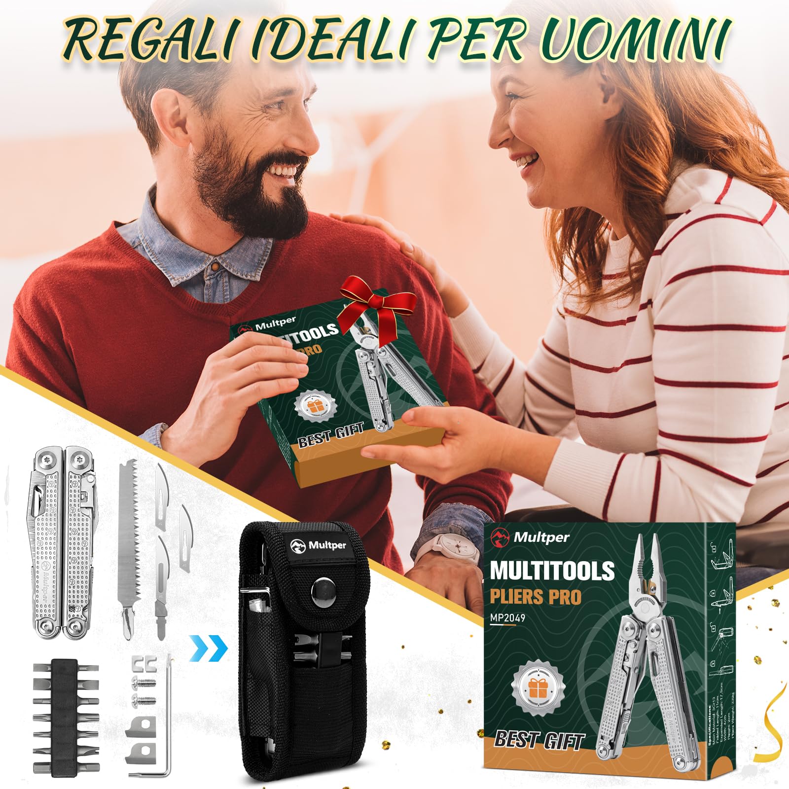 Multper Pinza Multiuso, Idee Regalo Uomo Compleanno, Multitool Gadget Utili con Coltello di Damasco, Forbici e Testa Cacciavite, Regalo Anniversario per Lui, Regali di Natale, Idee Regalo Uomo Natale