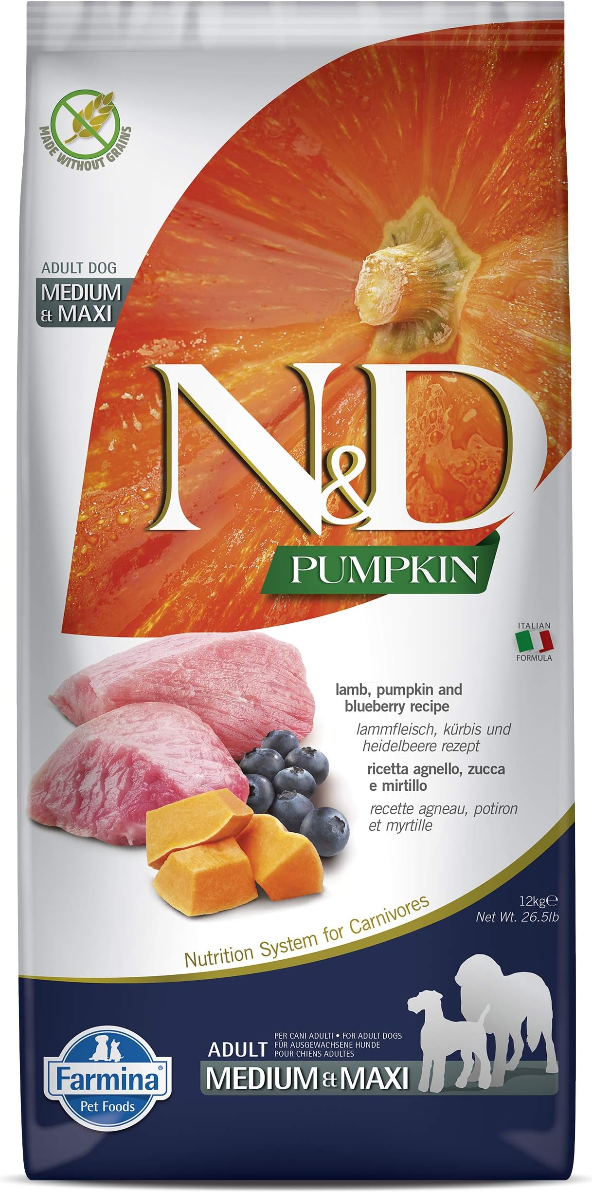 N&D Pumpkin Dry Dog Pet Food, Grain-Free, Adult Medium & Maxi Breed, 12-kg, Lamb and Blueberry