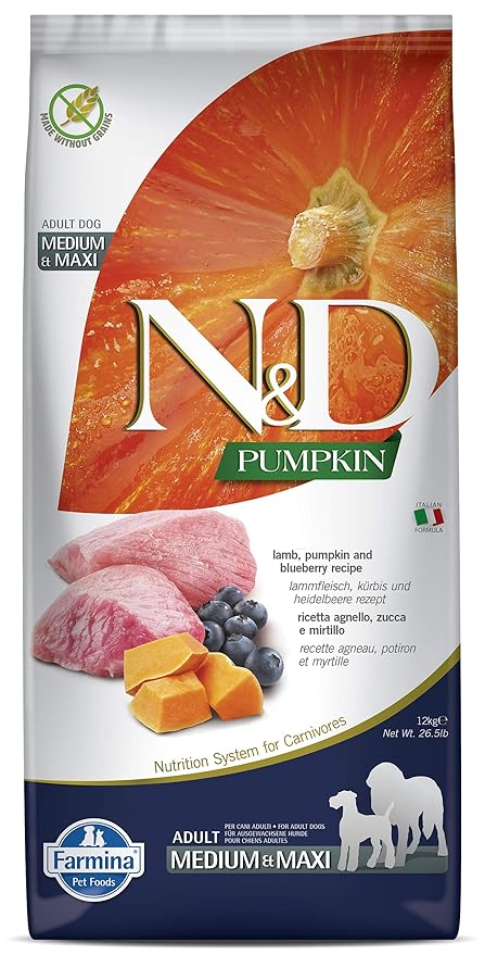 Farmina N D Pumpkin Dry Dog Food Grain Free Adult Medium Maxi Breed 12 Kg Lamb And Blueberry Amazon In Pet Supplies
