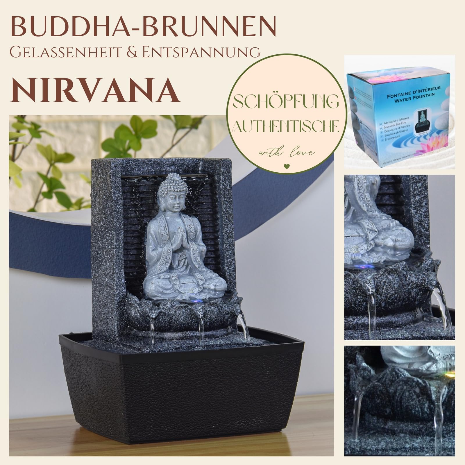 Zen'Light - Zimmerbrunnen Nirvana - Wasserfall mit Buddha & Weißer LED-Beleuchtung - Moderne Zen Deko, Ideal für Meditation & Entspannung - Feng Shui - H 26cm, Grau