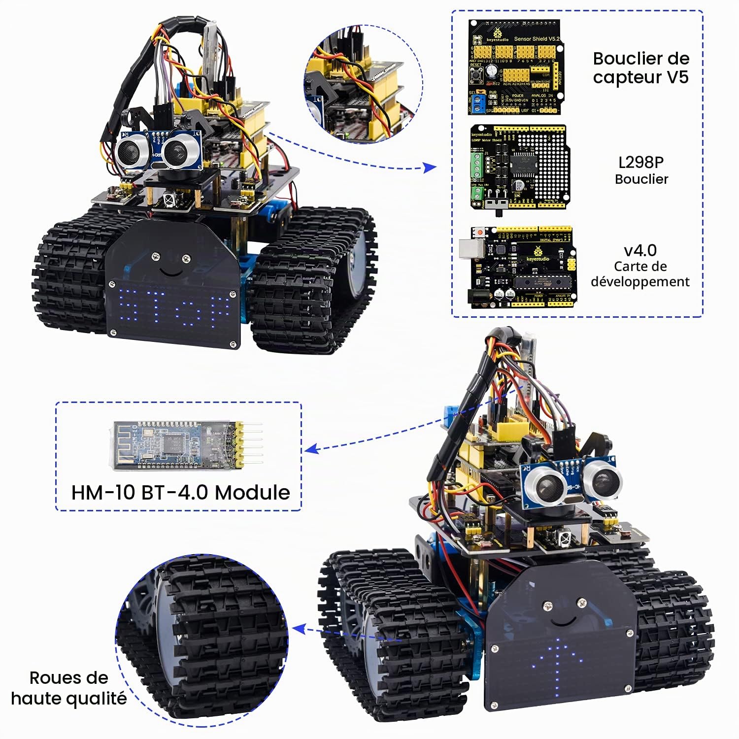 KEYESTUDIO Smart Robot Tank Car Kit Compatible avec Arduino IDE Kit de Construction électronique avec microcontrôleur, Module Bluetooth, Robot de Voiture Jouet pour Enfants