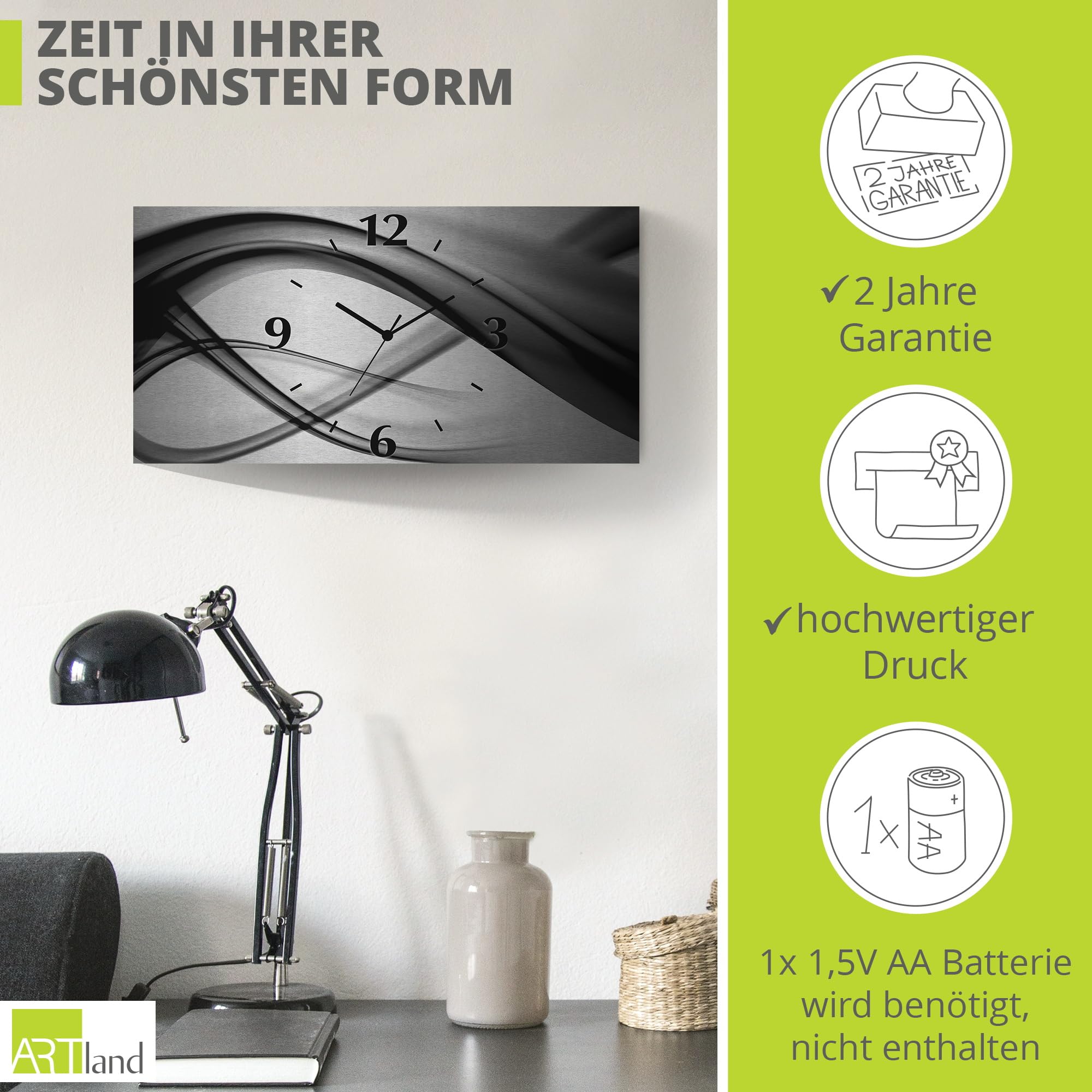 ARTLAND Wanddeko Wanduhr ohne Tickgeräusche Alu Funkuhr 50x25 cm Eckig Lautlos 3D Design Welle Abstrakt Modern Kreativ Ausgefallen S7KQ