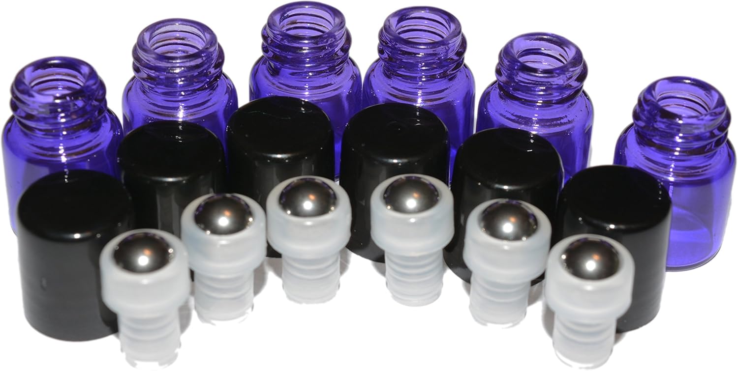 100pcs 1mL (1/4 dram) Purple Mini Glass Stainless Steel Roller Bottle 1cc Purple Sample Vial Small Essential Oil Bottle Travel Must + one 7 Chakra Bracelet Volcanic Lava for Essential Oil diffusing