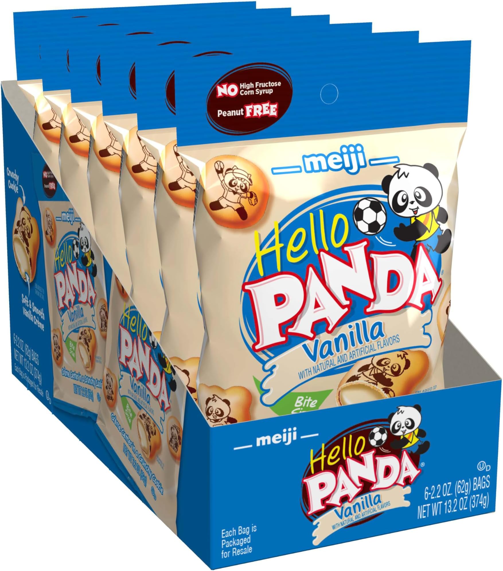 Hello Panda Cookies, Vanilla Crème Filled - 2.2 oz, Pack of 6 - Bite Sized Cookies with Fun Panda Sports