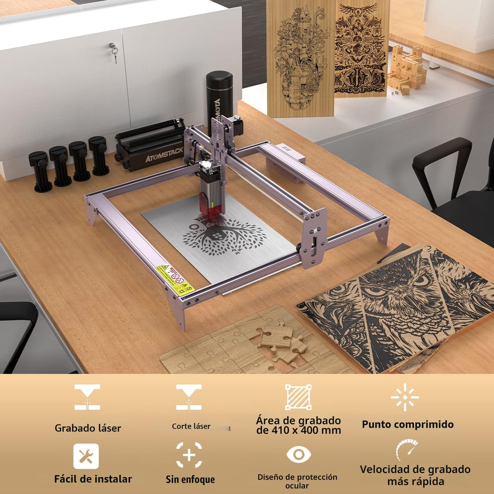 Máquina de grabado láser A5 Pro, 40 W, cortador de madera CNC con foco comprimido, corte de alta precisión para madera y metal, 455 ± 5 nm, rango de trabajo 410 mm x 400 mm
