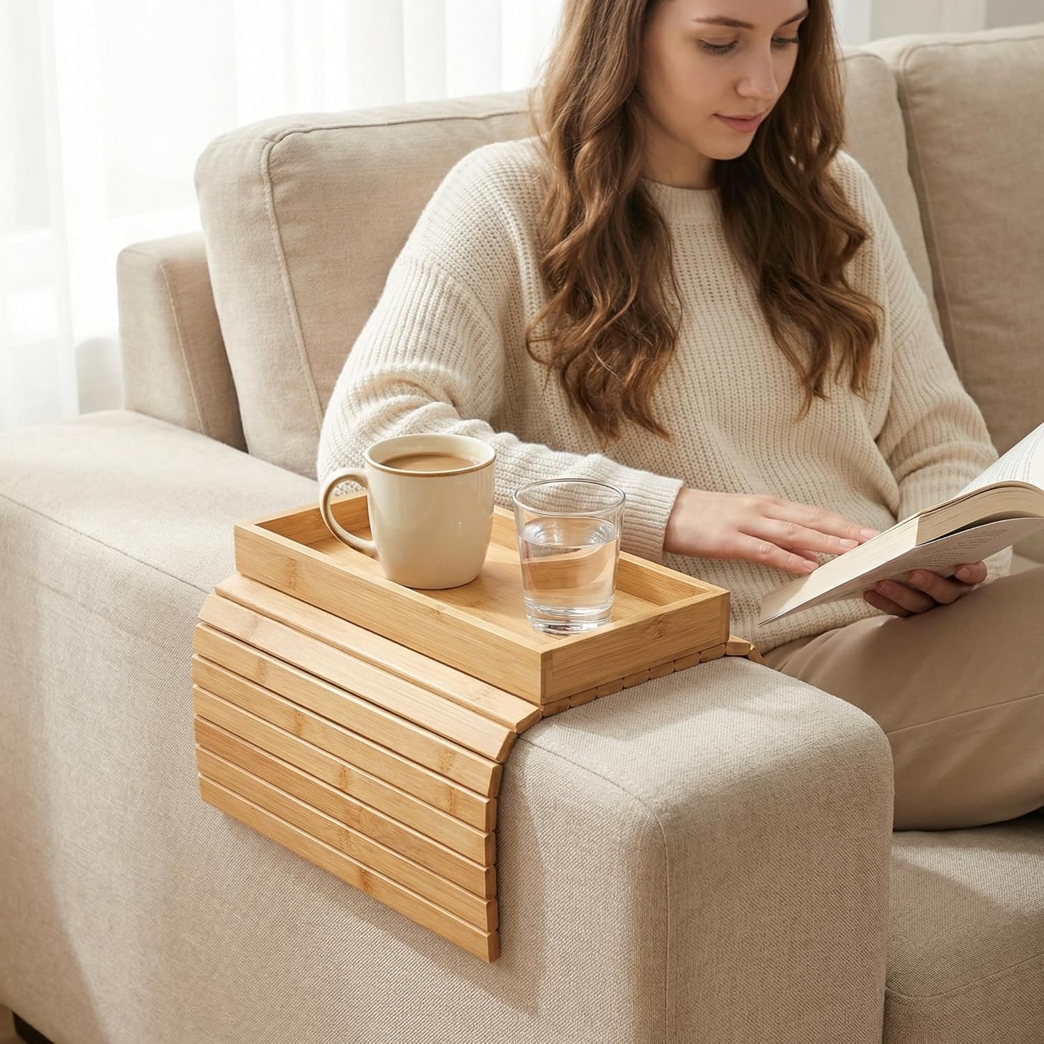 Couch Armrest Table, Bamboo Couch Cup Holder, Couch Cup Holder Tray, Sofa Arm Tray, Armchair Caddy 12.4" x 5.5" with Nonslip Felt Bottom, Sturdy Bamboo Slats for Armrests 6" and Wider (Brown)