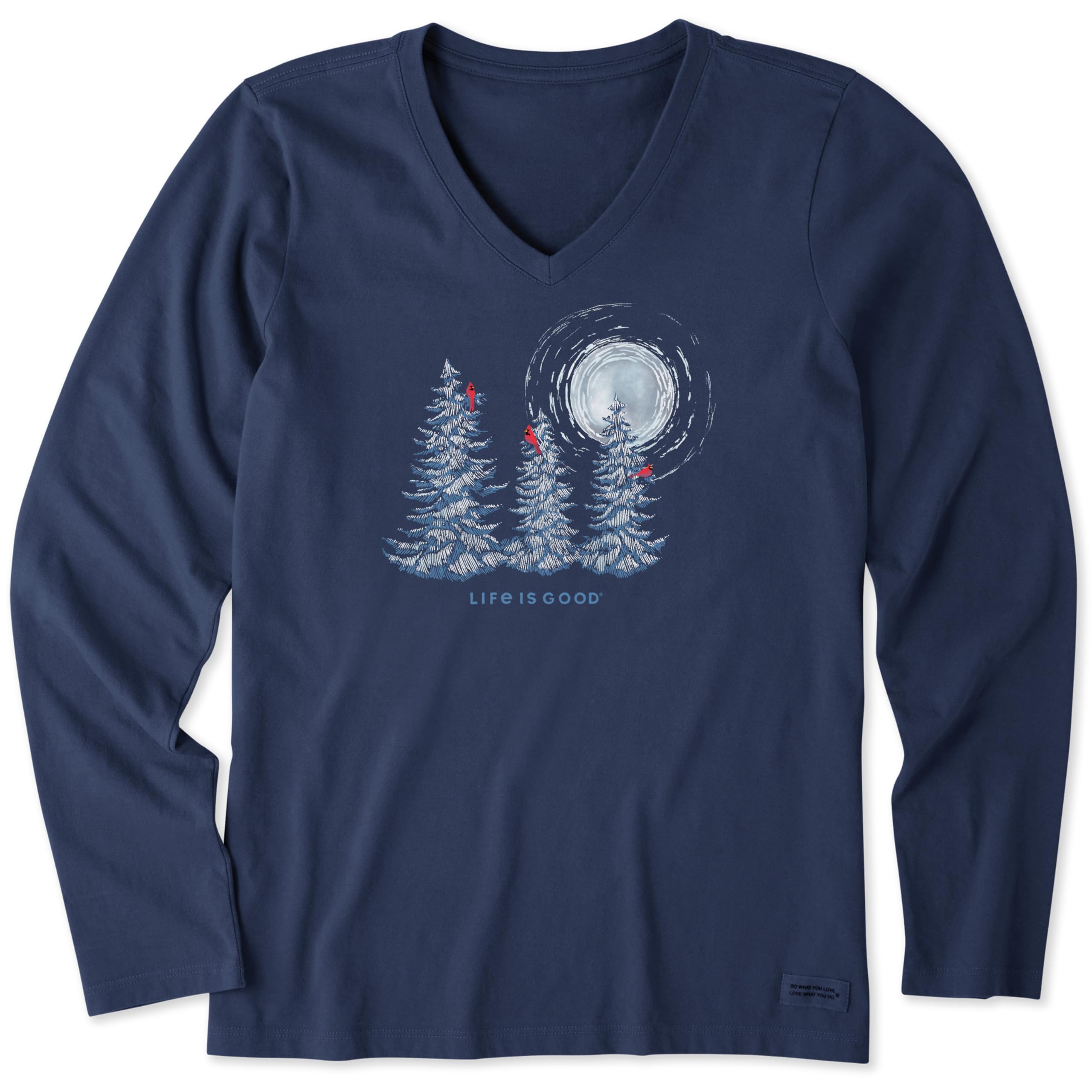 Life is Good Women's Crusher Tee, Long Sleeve Cotton Graphic T-Shirts, Snowy Pines with Cardinals, Darkest Blue, L
