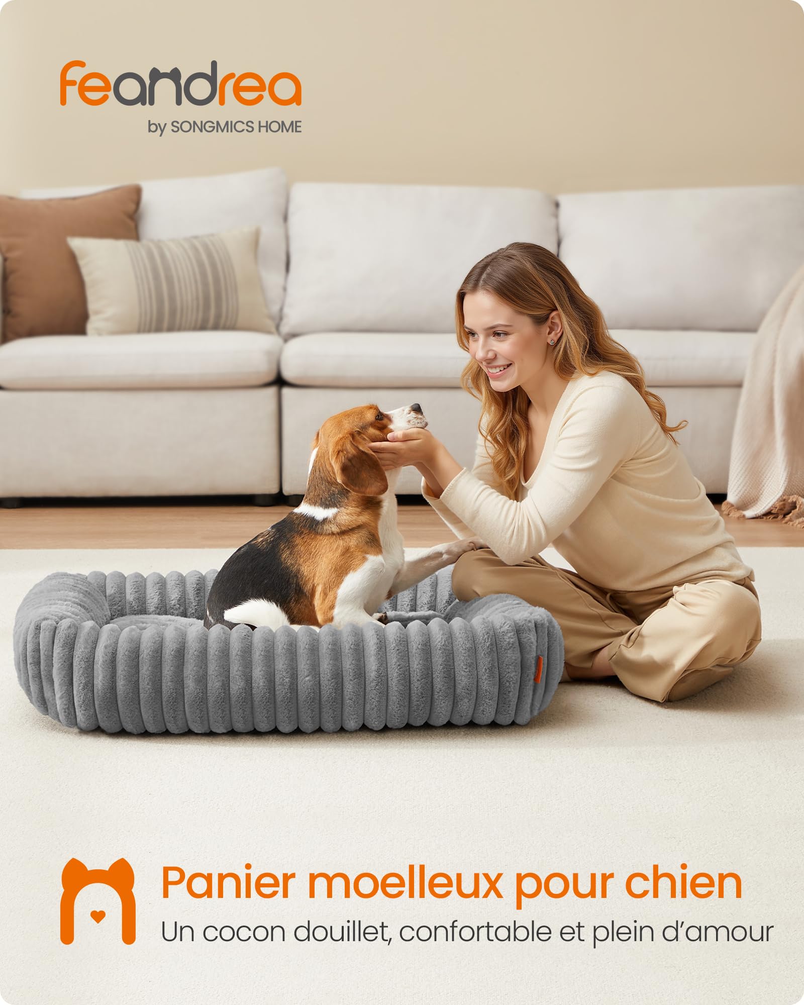 Feandrea Panier pour Chien, Panier Orthopédique de Taille Grande, Coussin Chien Lavable, Moelleux, Rembourrage Doux, 91 x 68 x 18 cm, Gris Tourterelle PGW312GD01