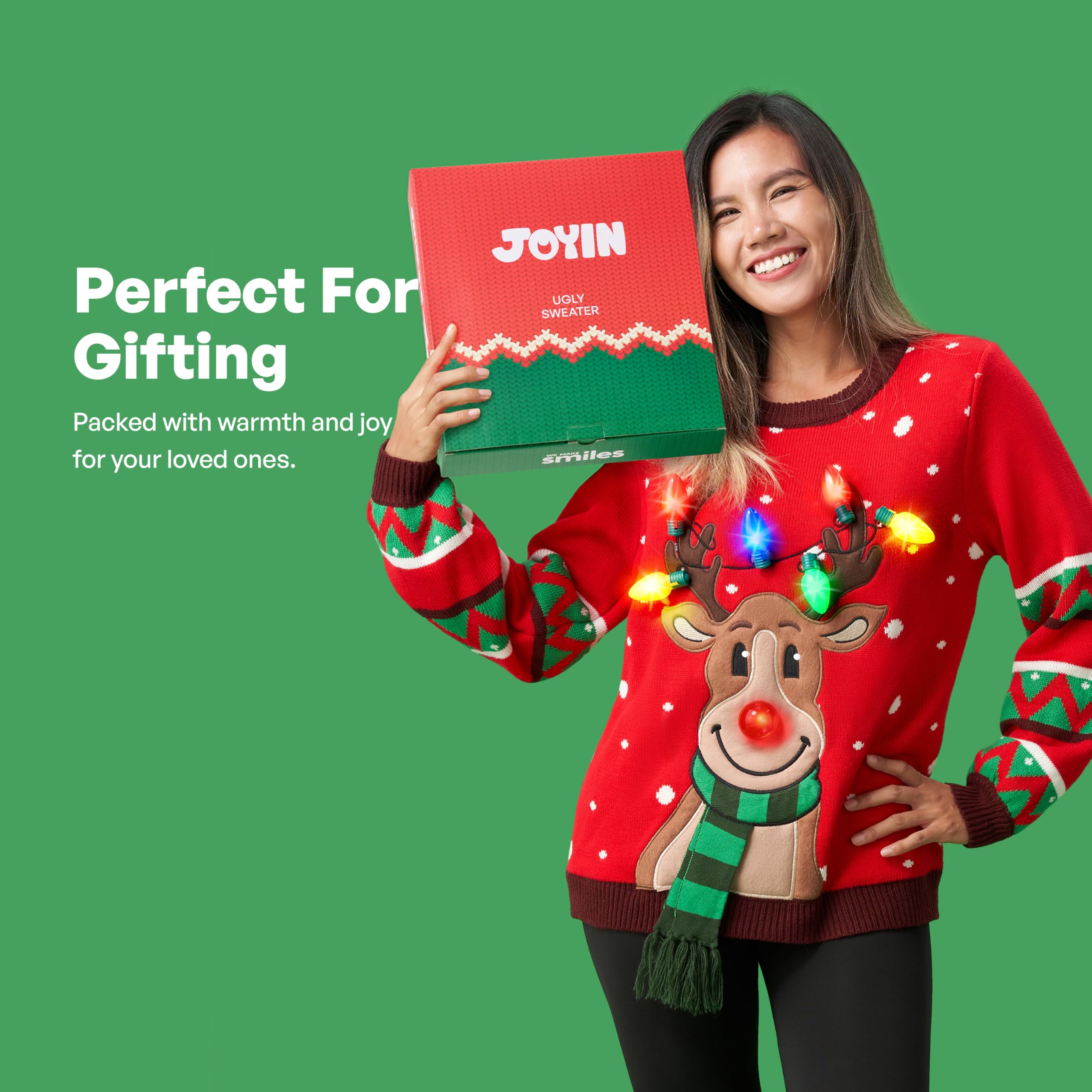 JOYIN Damski sweter z podświetleniem LED, z reniferem, brzydki sweter bożonarodzeniowy z wbudowanymi żarówkami.