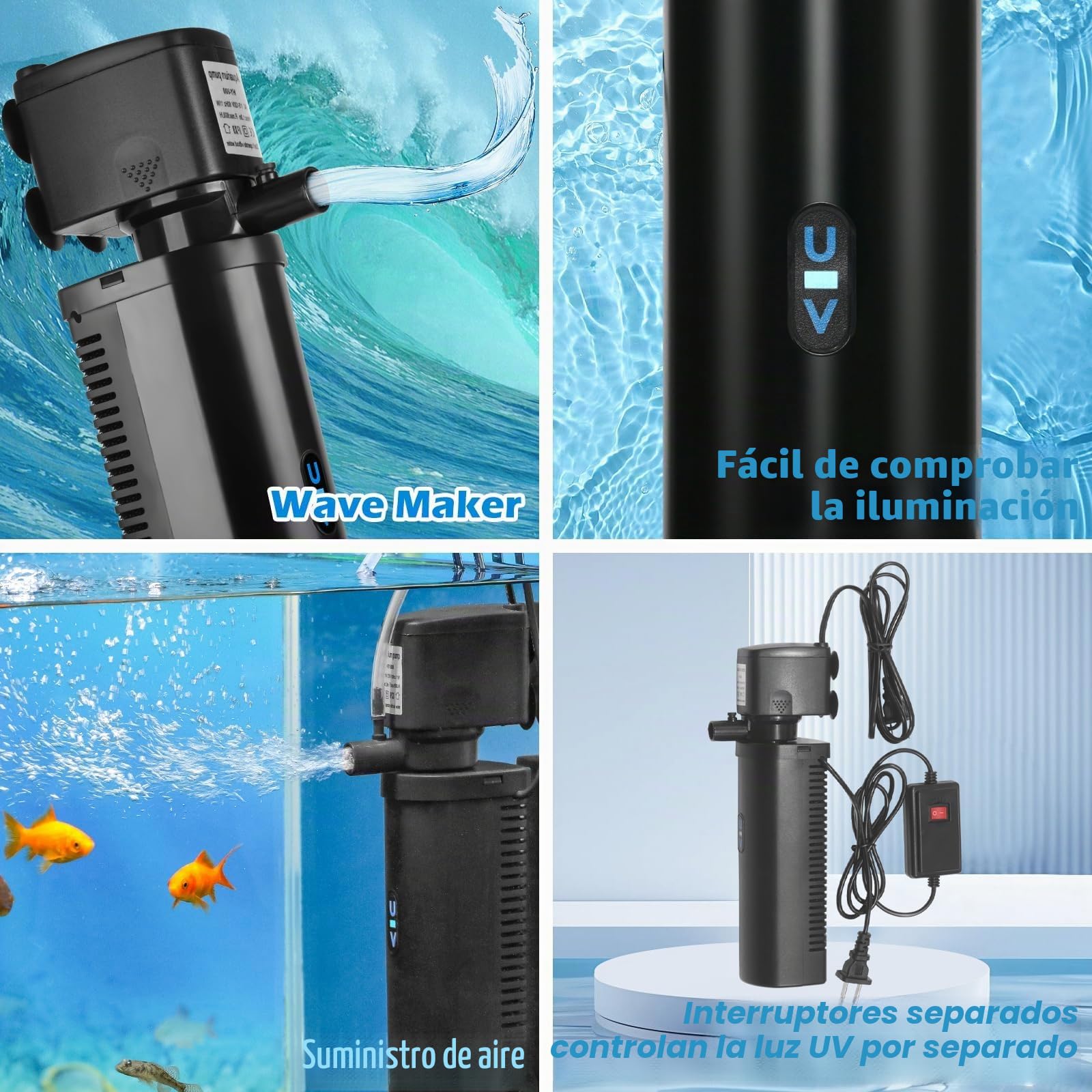 Tararium Filtro interno de acuario con función U-V – Potente bomba sumergible para agua clara – Ideal para 280 – 1135 L (75 – 300 galones) – 2271 L/h (600 GPH) – Agua dulce y agua de mar