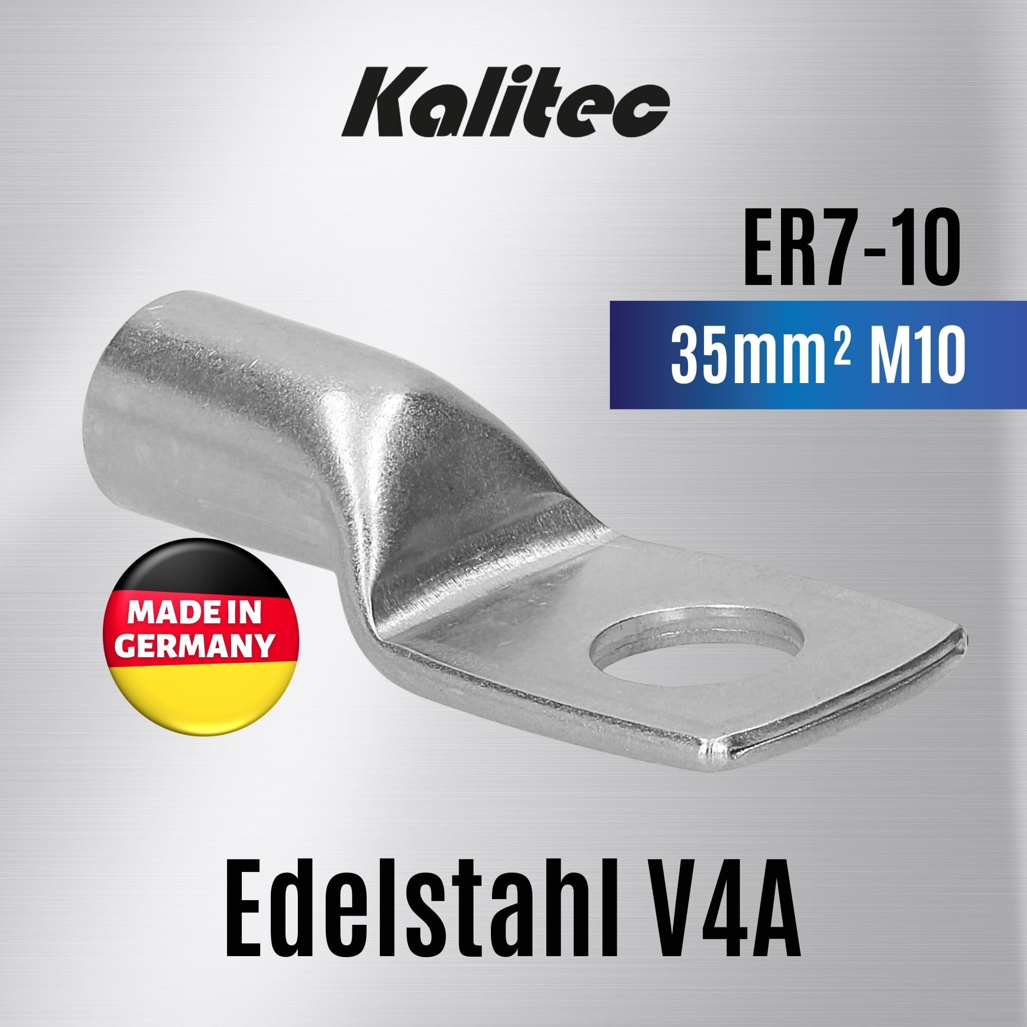 Kalitec ER7-10 Końcówki Kablowe 35 mm² M10 ze Stali Nierdzewnej V4A - 10 | Nierdzewne oczkowe konektory elektryczne, odporne na kwasy i korozję, idealne do przemysłu i wymagających instalacji.