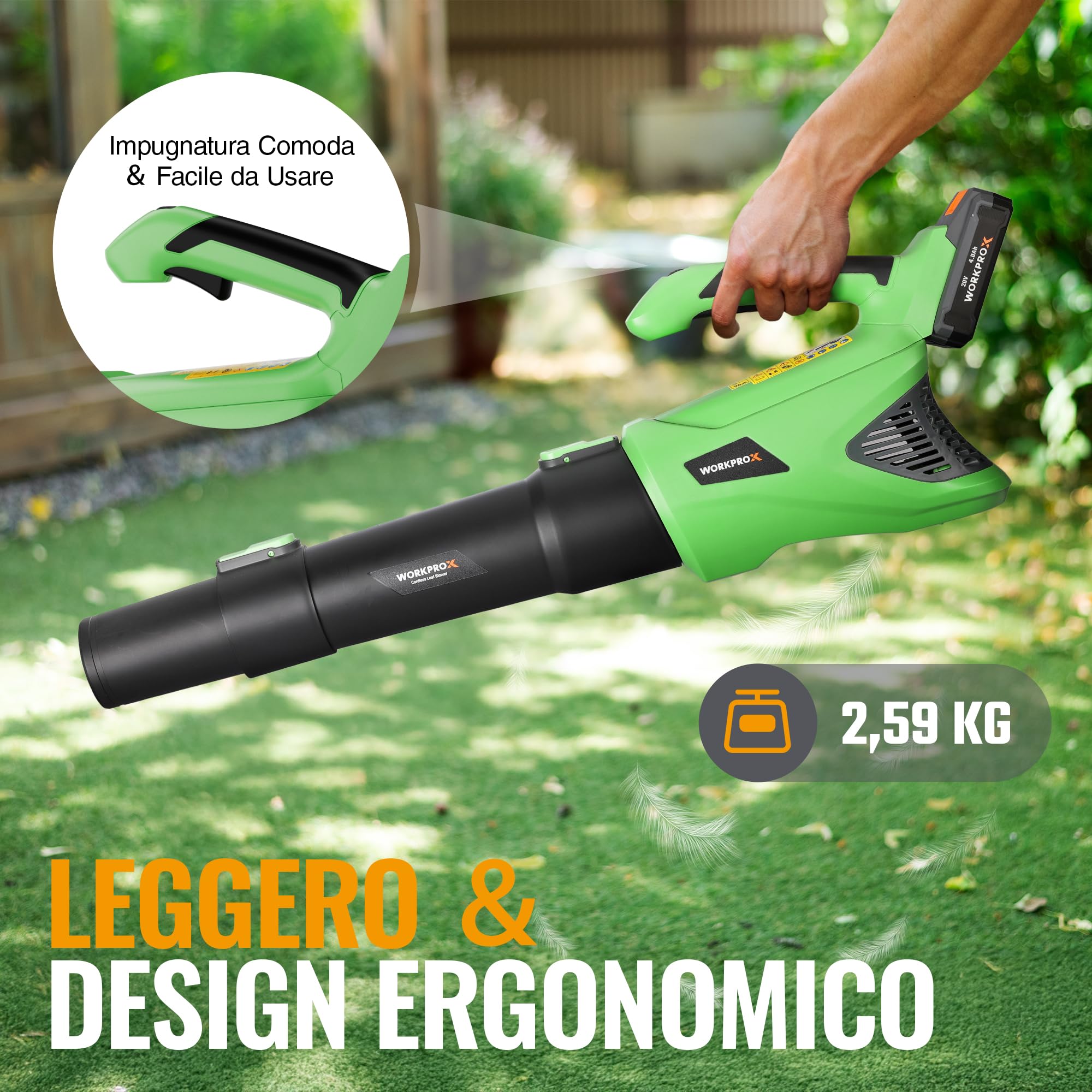 WORKPROX Soffiatore per Foglie, Soffiatore a Batteria 20V, con Potente Flusso d'Aria 144 KM/H, Capacità 850 M³/H, Controllo a 5 Velocità, Soffiatore per Giardinaggio | con Potente Flusso d'Aria 144 KM/H, Capacità 850 M³/H, Controllo a 5 Velocità, Soffiato
