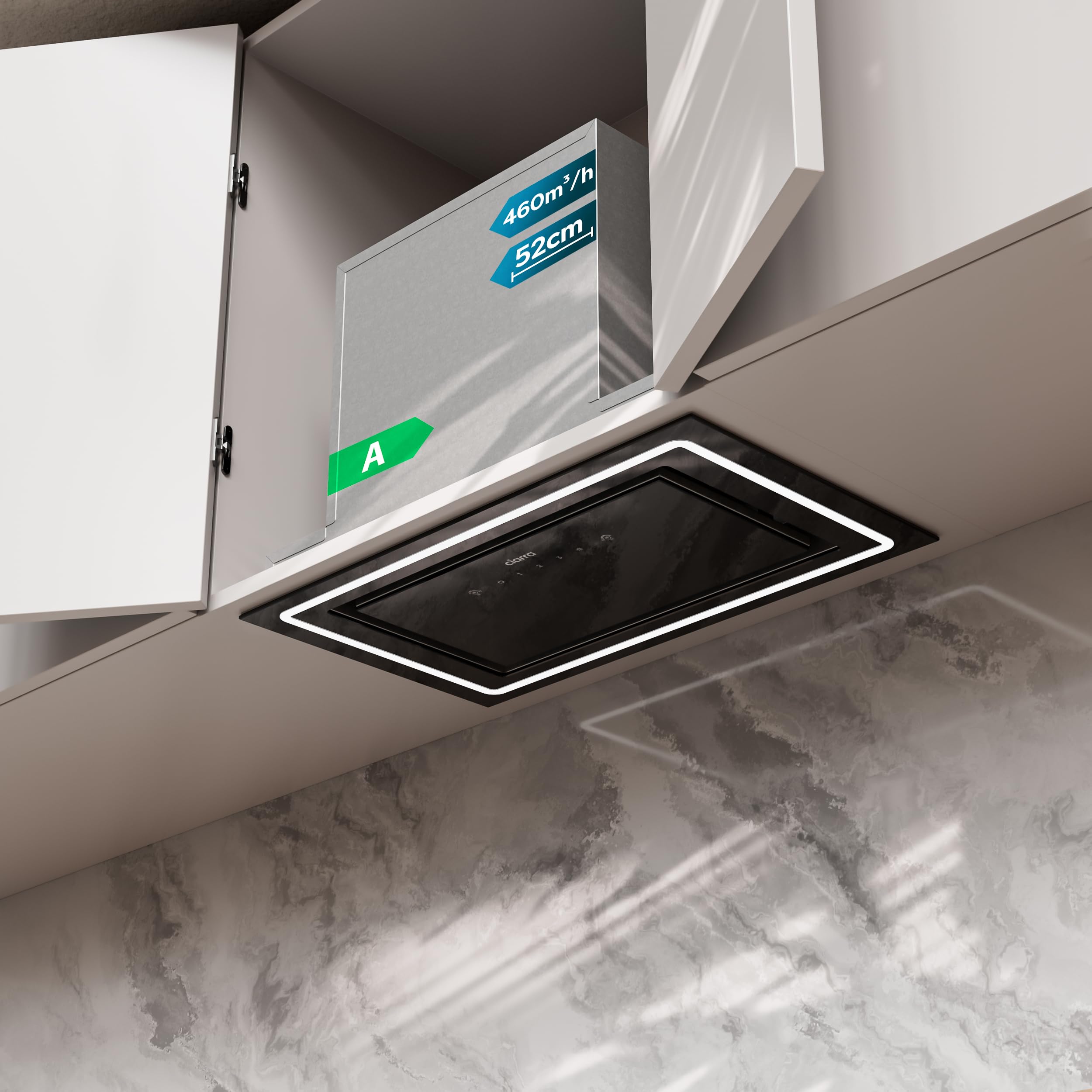 CIARRA CBCB5931C Einbau Dunstabzugshaube 52 cm Lüfterbaustein 460 m³/h mit Handbewegung Sensor Touch-Bedienung CBCF055 Aktivkohlefilter Integrierte Abluft Umluft Abzugshaube 3 Leistungsstufen Schwarz