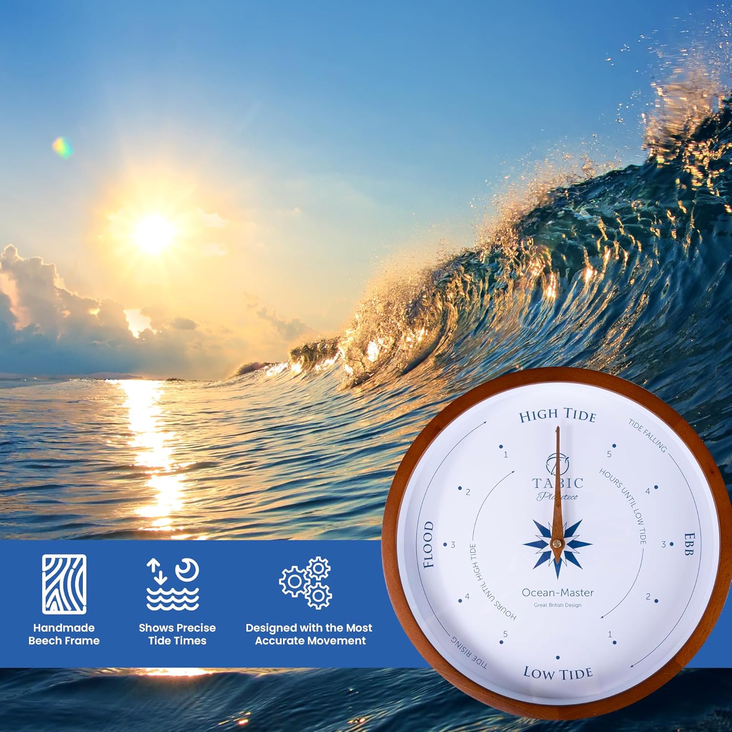 Planeteco Ocean Master Tide Clock - Stylish Home Decor Accessory with High-Low Tide Display - Elegant Wall Clock Design - Ideal for Planning Beach and Ocean Activities - Dark Stain