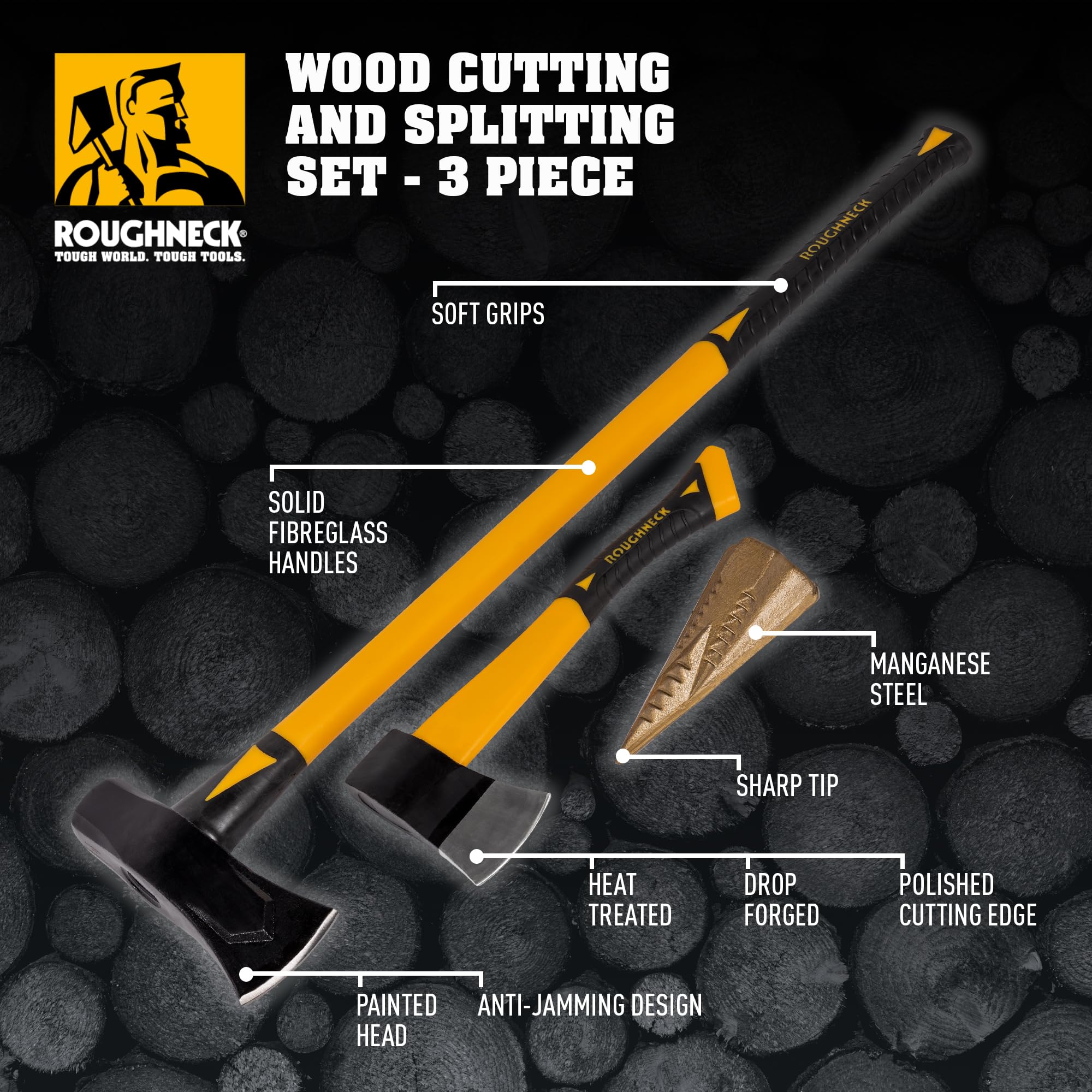 Roughneck Zestaw do Cięcia i Łupania Drewna ROU65501, 3 Części, w tym Łuparka (2,7 kg), Siekiera (0,6 kg) i Klin Rozłupujący Wood Grenade, Żółto-Czarny