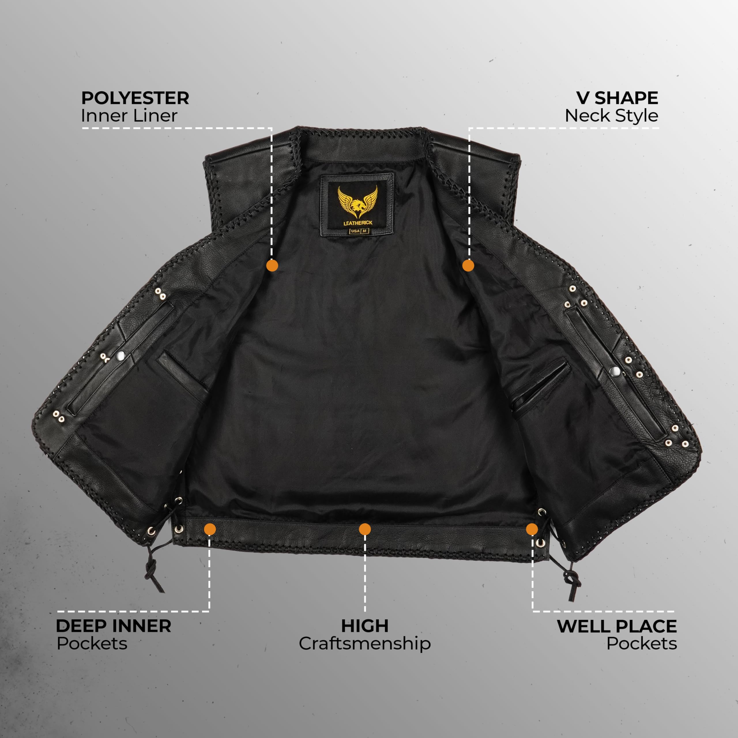 Leatherick Gilet de moto noir en cuir véritable | Gilet de motard tressé avec boucle d'hameçon