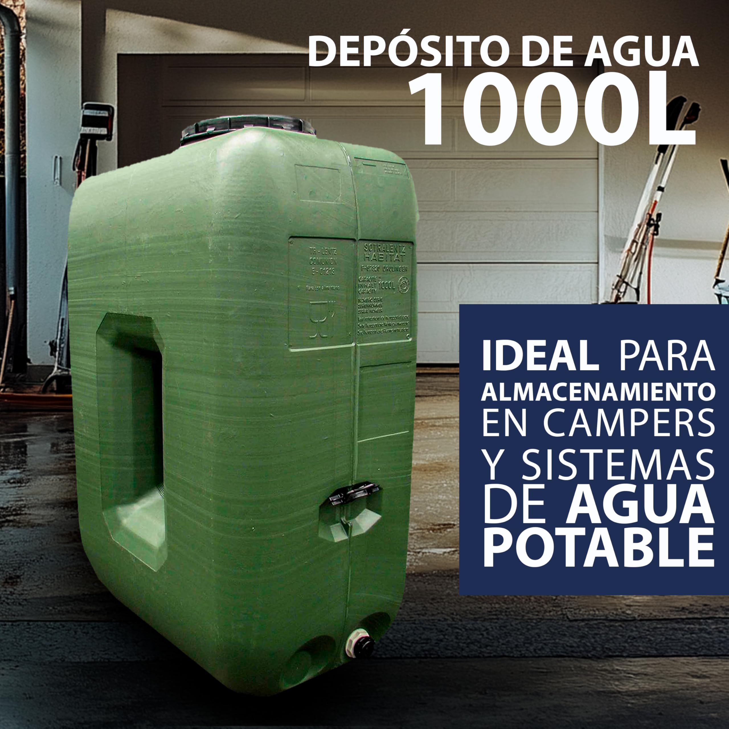 Depósito de Agua 1000L - Tanque de Polietileno Resistente para Uso Alimentario, Protección UV, Diseño Eficiente y Compacto, Ideal para Almacenamiento en Campers y Sistemas de Agua Potable