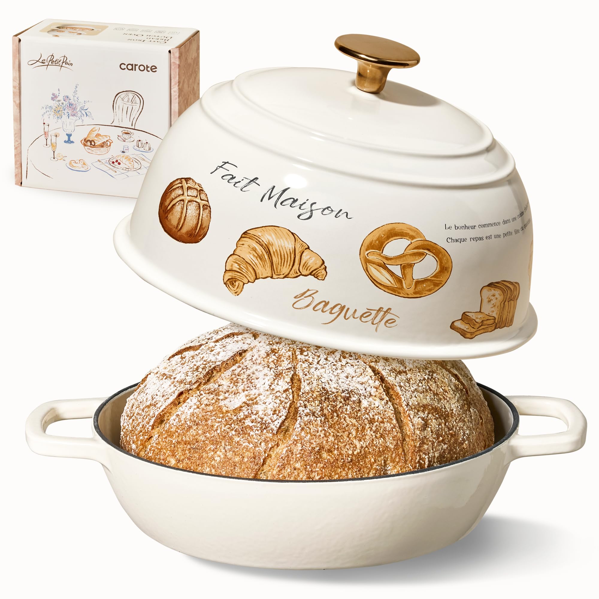 CAROTE Enameled Cast Iron Dutch Oven, 5QT Pot with Lid & Gift Box | Healthy Bread Oven for Homemade Sourdough Bread Baking, Roasting, All Stovetop Compatible Oven Safe up to 500° F, Croissant