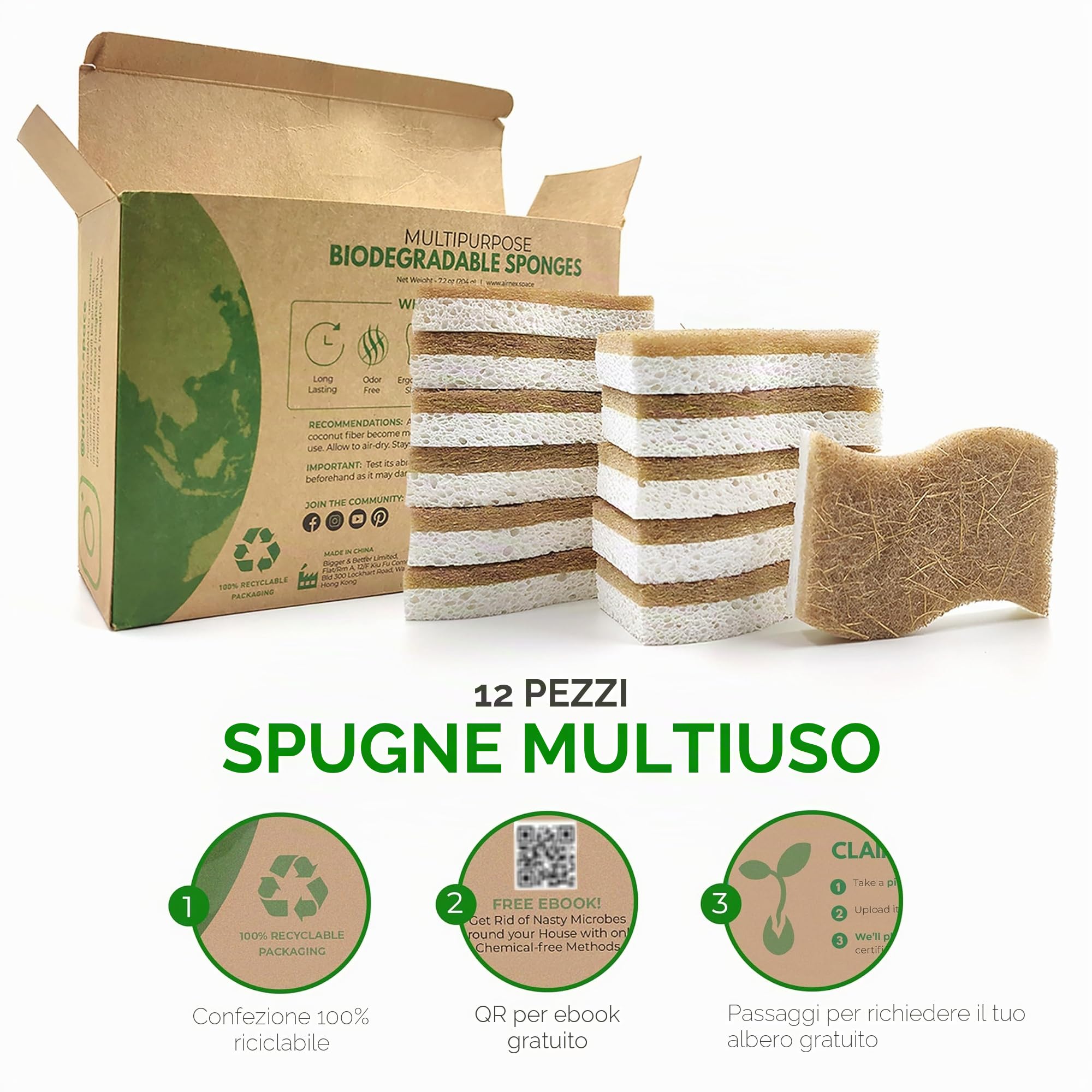 AIRNEX - Spugna da cucina naturale biodegradabile, spugna compostabile in cellulosa e noce di cocco, con funzione abrasiva, spugne ecologiche per piatti, confezione da 12 pezzi