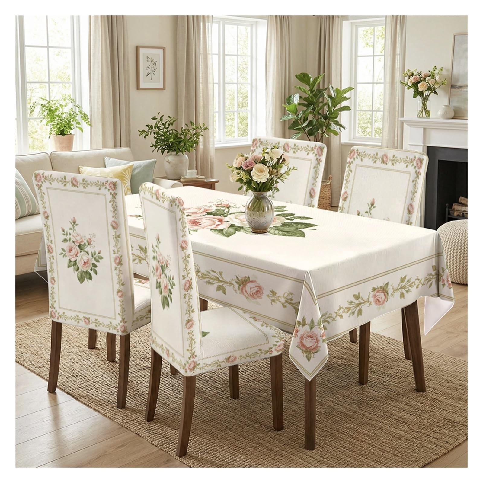 BOSUYBN Vintage Pink Rose Floral Dining Tablecloth & Chair Covers Set, 5/7 Piece Classic Cottage Home Decor Table Setting(5pcs Set: Tablecloth+Chair Covers)