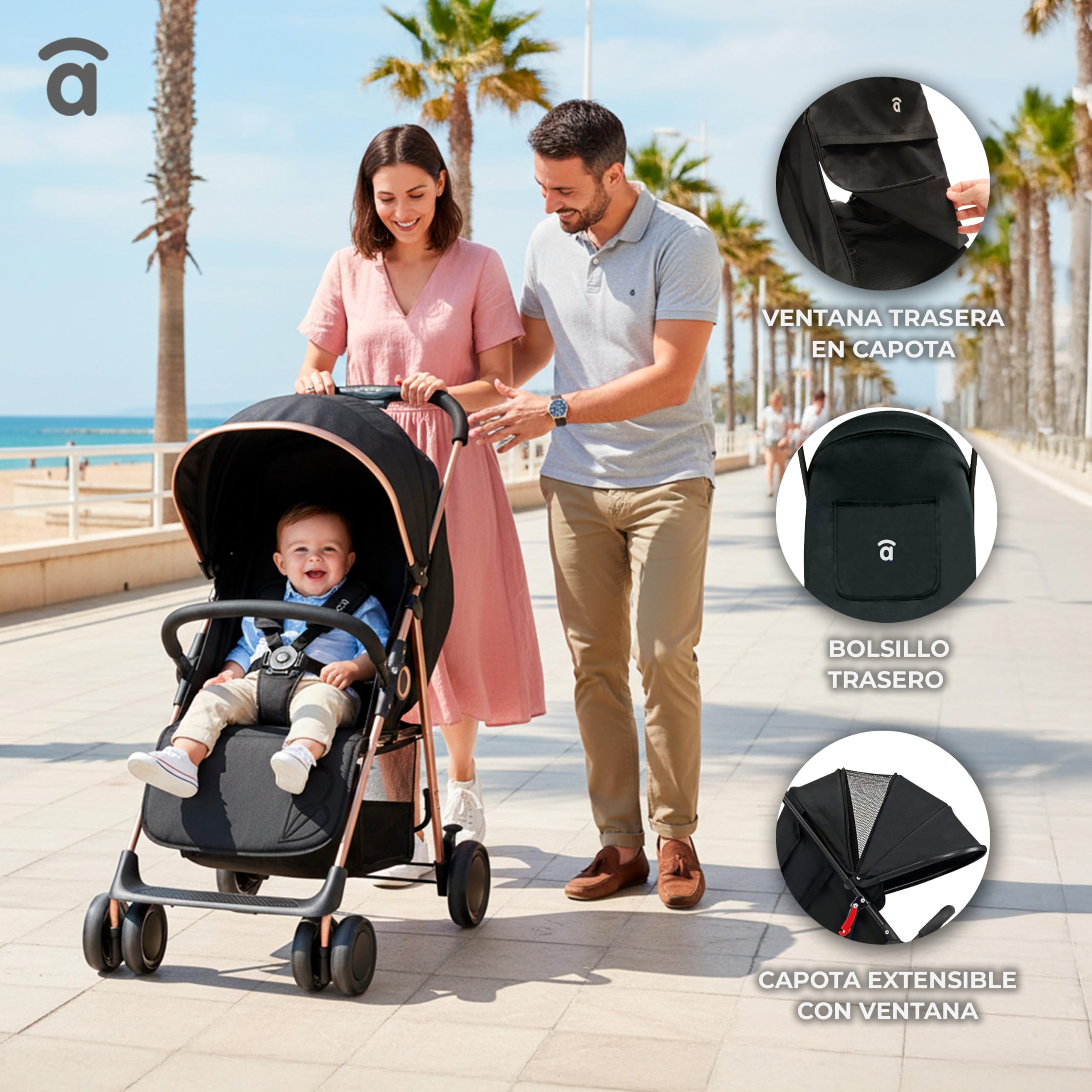 Silla de Paseo Ligera y Compacta para Bebé desde Nacimiento, Carrito Bebé Ultraligero 5,5 kg con Respaldo Reclinable, Capota Extensible, Arnés 5 Puntos y Suspensión – Asalvo NOVA Dorado