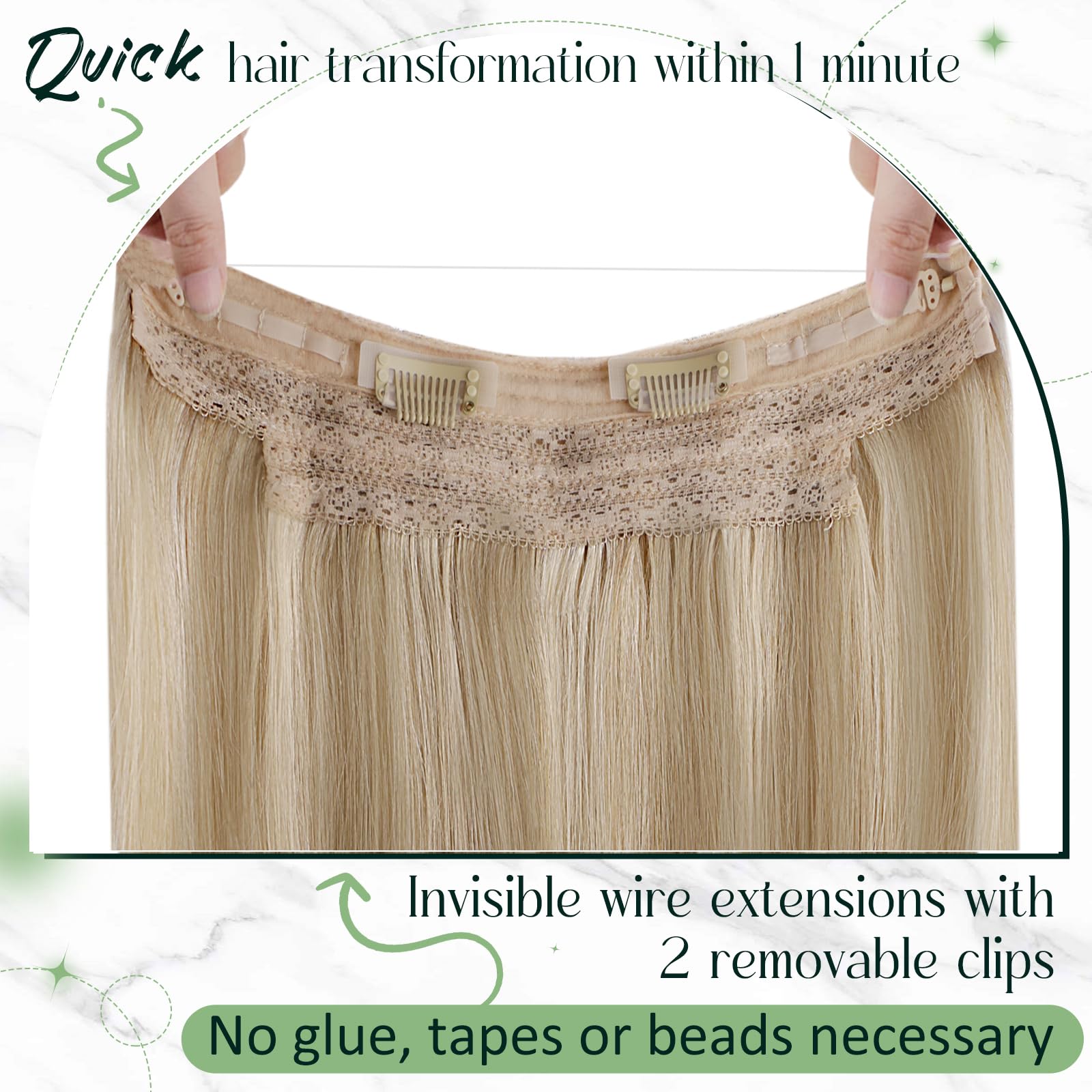 RUNATURE Extensions Echthaar mit Draht 40cm Higligh Blond Glatt Haarextensions Haarverlängerung Extensions Echthaar mit Unsichtbarer Draht Blond 80g Draht Extensions Echthaar Farbe #16P22