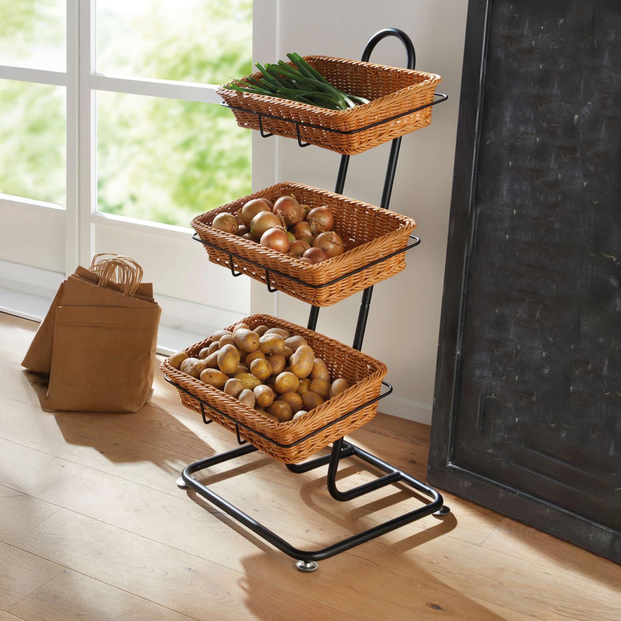 FRANK FLECHTWAREN Korbständer Polykörbe, Polyrattan, Metall, mattschwarz Maße: 50 x 42 x 105 cm, Korb 49 x 32 x 10 cm, einfache Selbstmontage