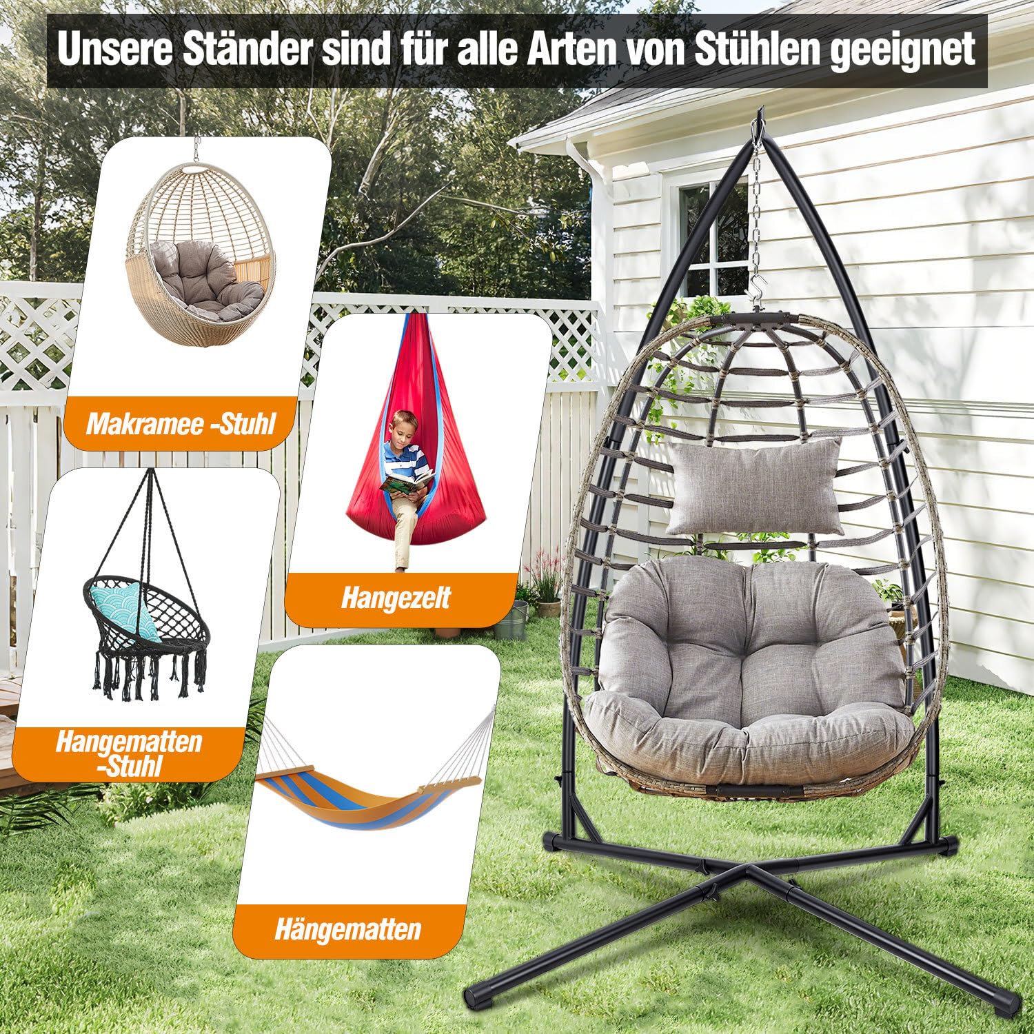 Hängesessel Gestell Hängemattengestell aus Metall Hängesessel-Ständer 150kg für Hängesessel im Innenbereich, Schlafzimmer, Garten (L x W x H)120 x 120 x 210cm