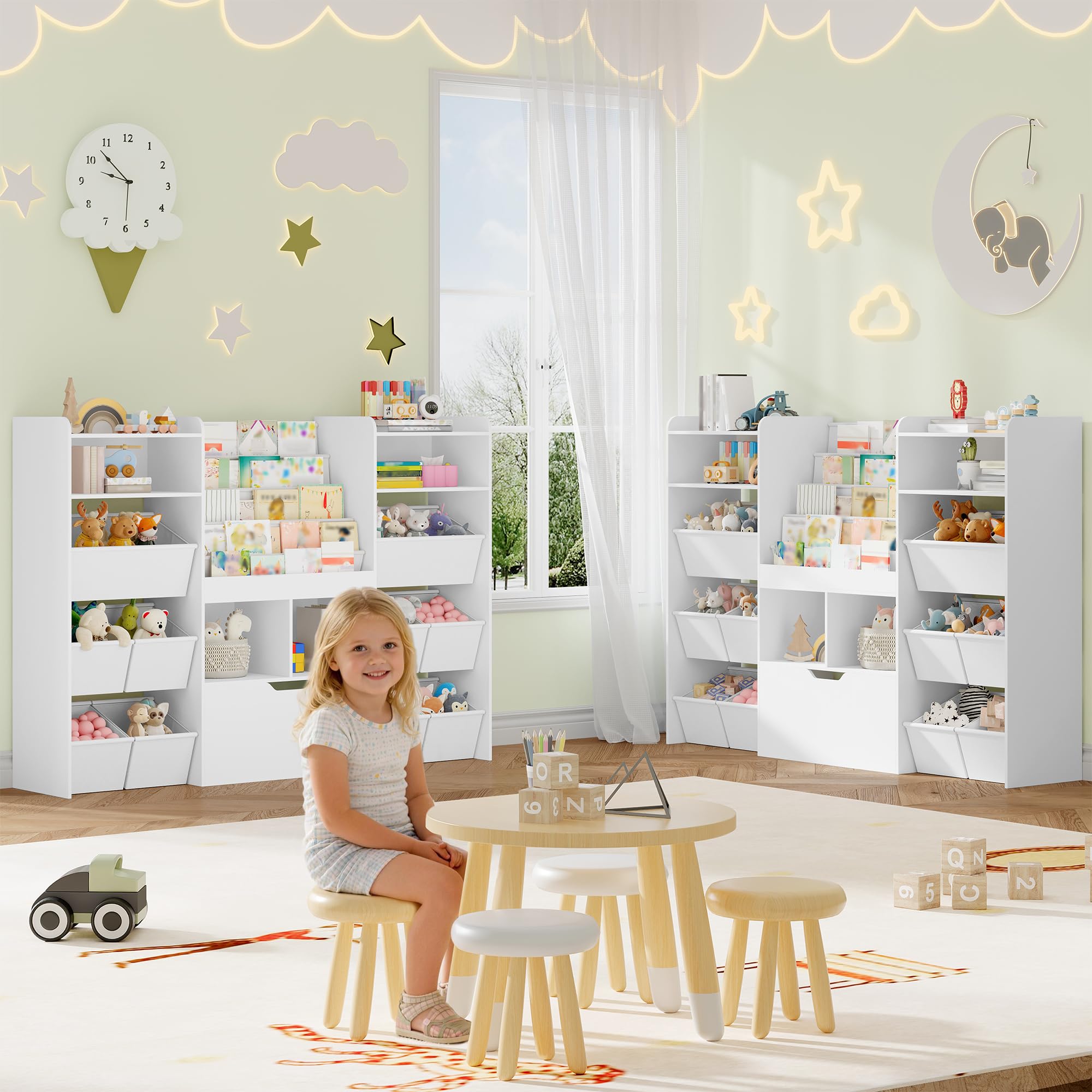 HEXCELEN Meuble Rangement Enfant avec Porte-journaux, Bibliothèque Enfants avec Tiroirs Roulants, 10 Boîtes en Non-tissé, Étagère à Jouets, pour Chambres d'enfants, Bureau, 30 x 140 x 100 cm Blanc